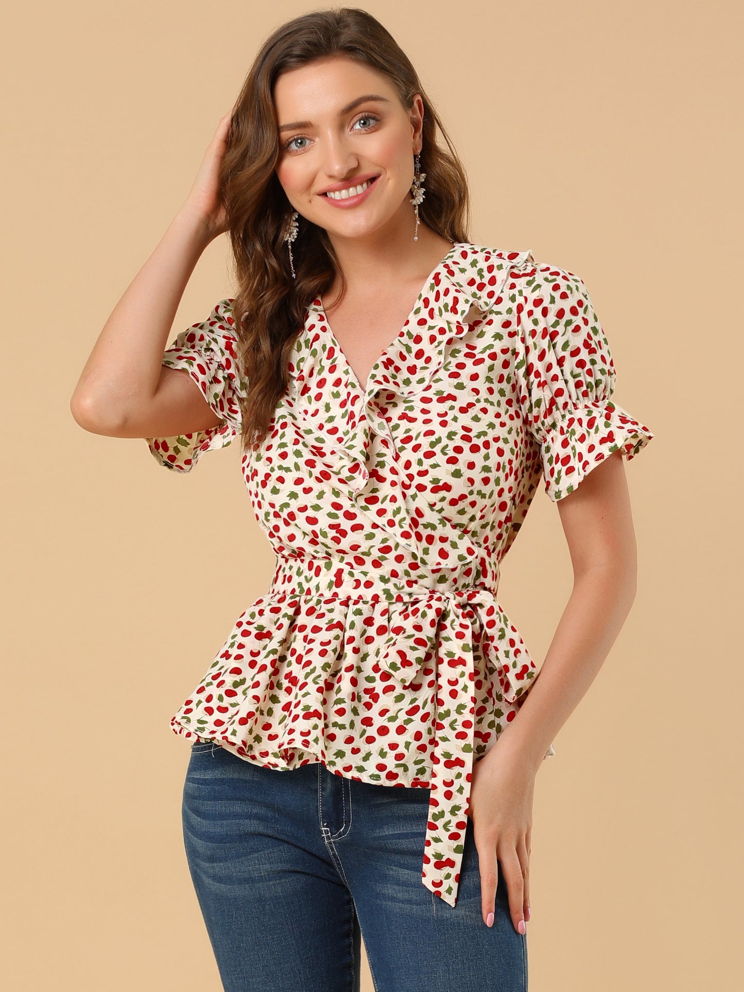 Women's Peplum Top Crossover V Neck Ruffle Wrap Blouse