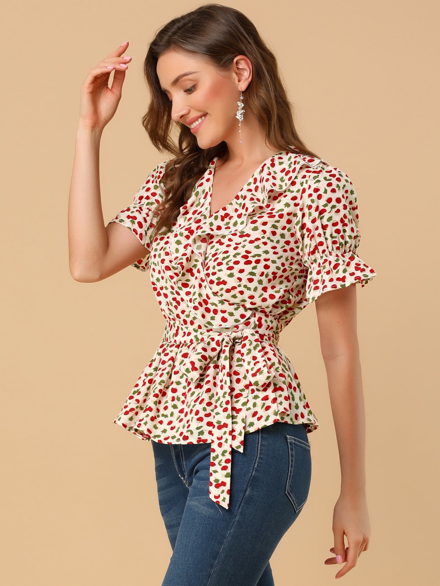 Women's Peplum Top Crossover V Neck Ruffle Wrap Blouse