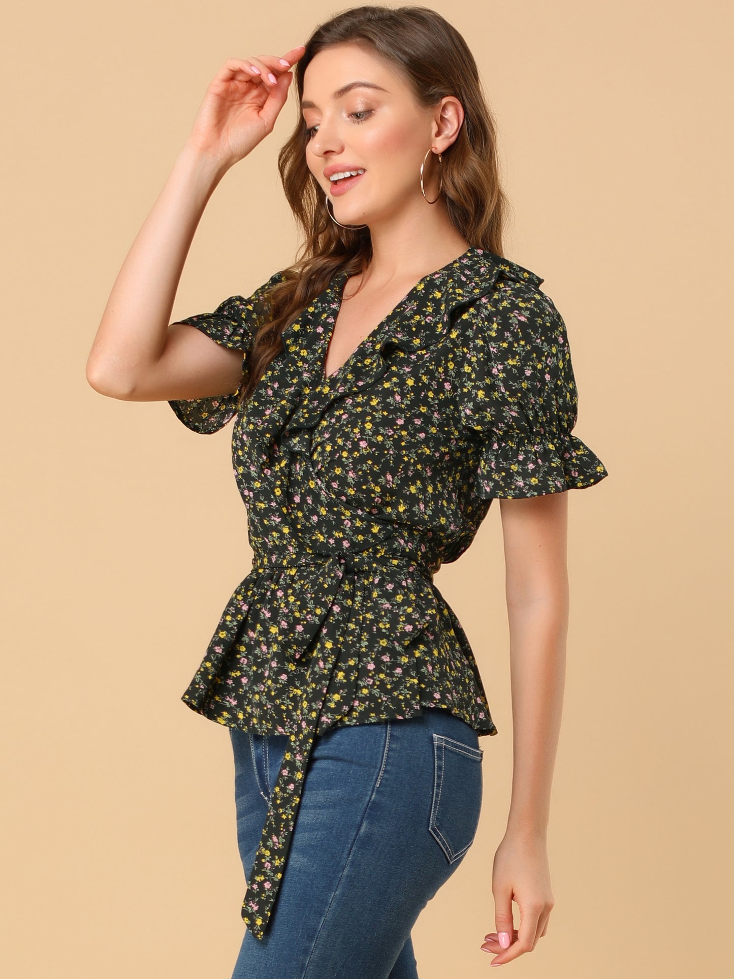 Women's Peplum Top Crossover V Neck Ruffle Wrap Blouse