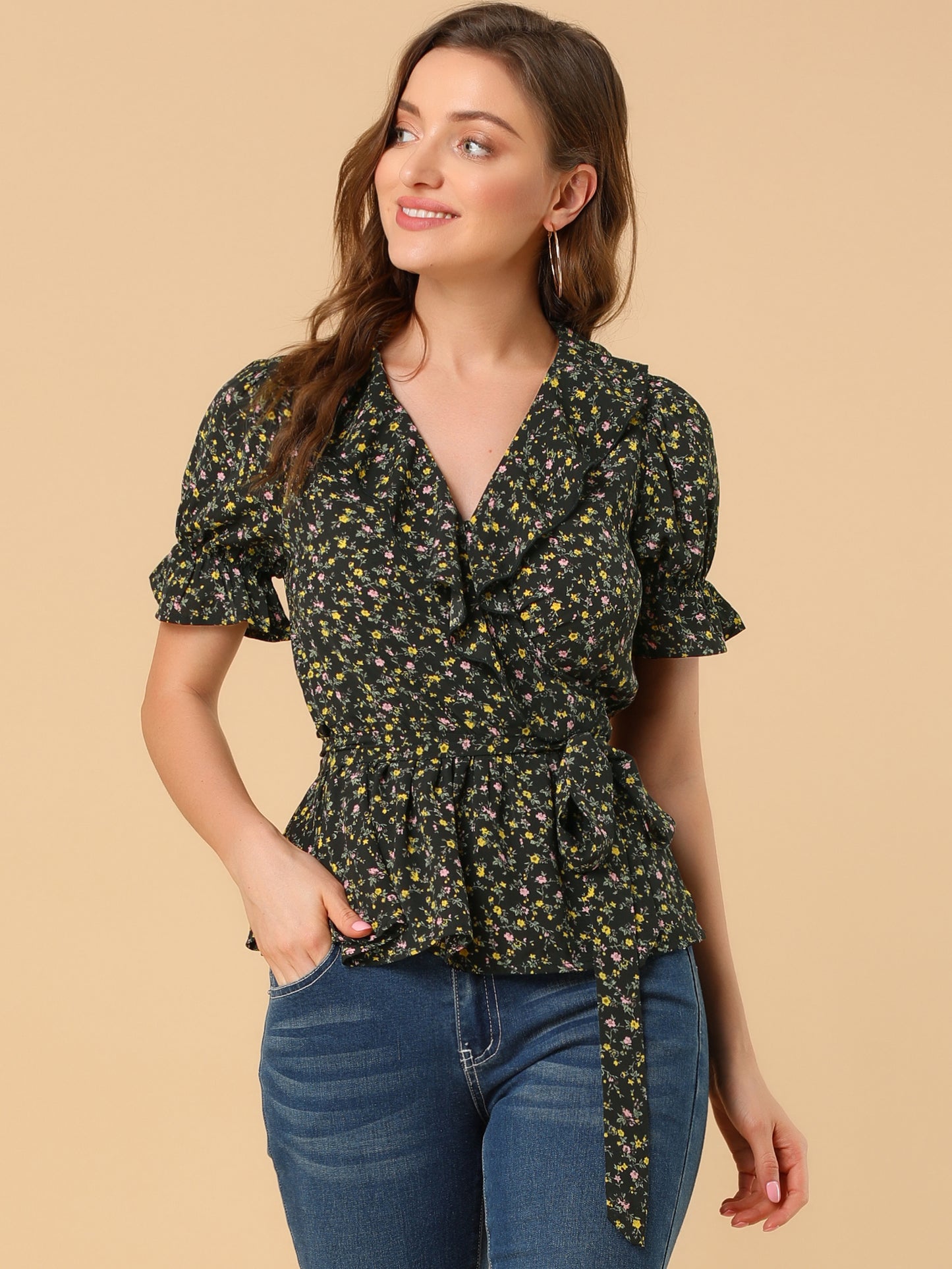 Women's Peplum Top Crossover V Neck Ruffle Wrap Blouse