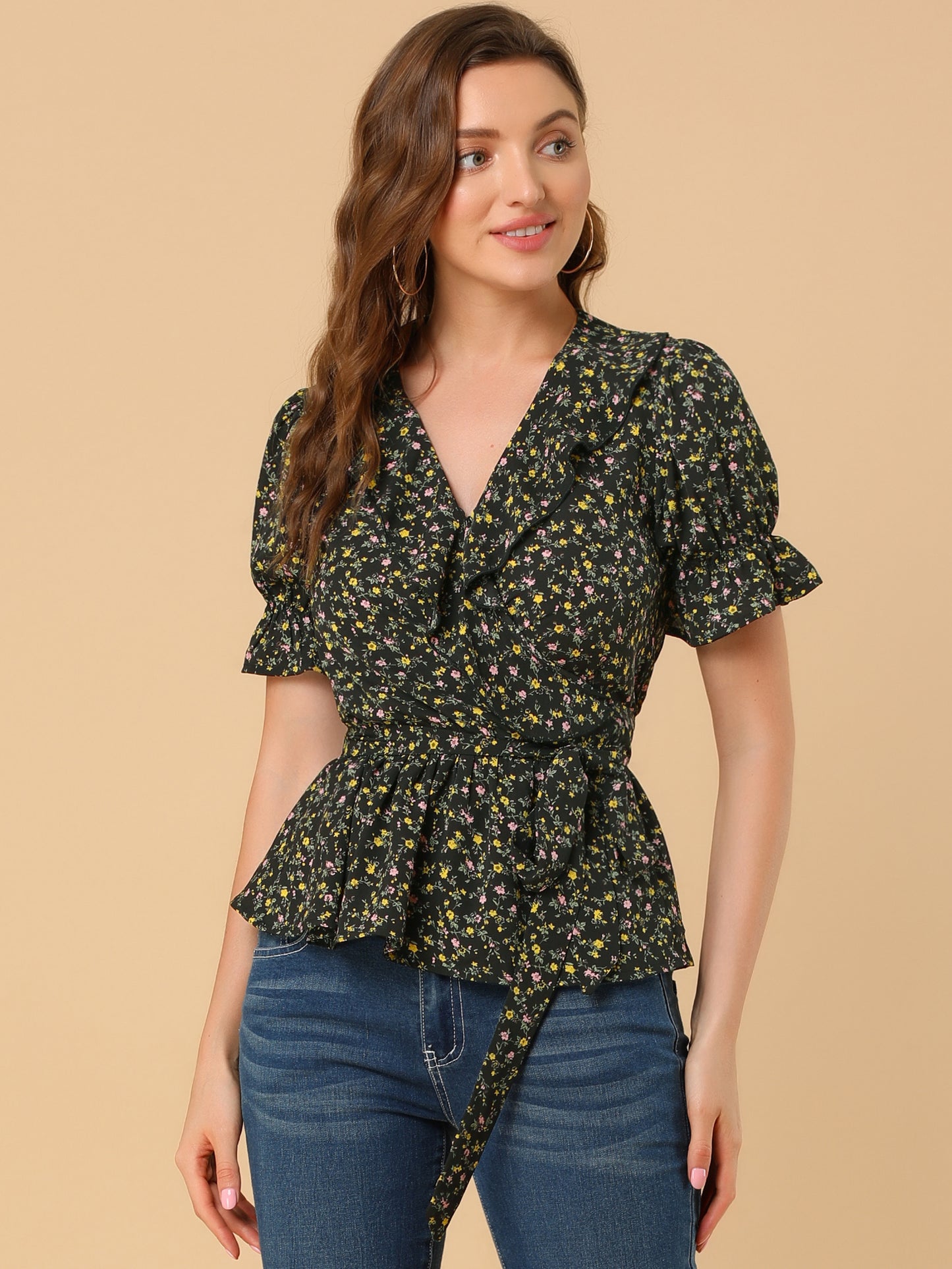 Women's Peplum Top Crossover V Neck Ruffle Wrap Blouse