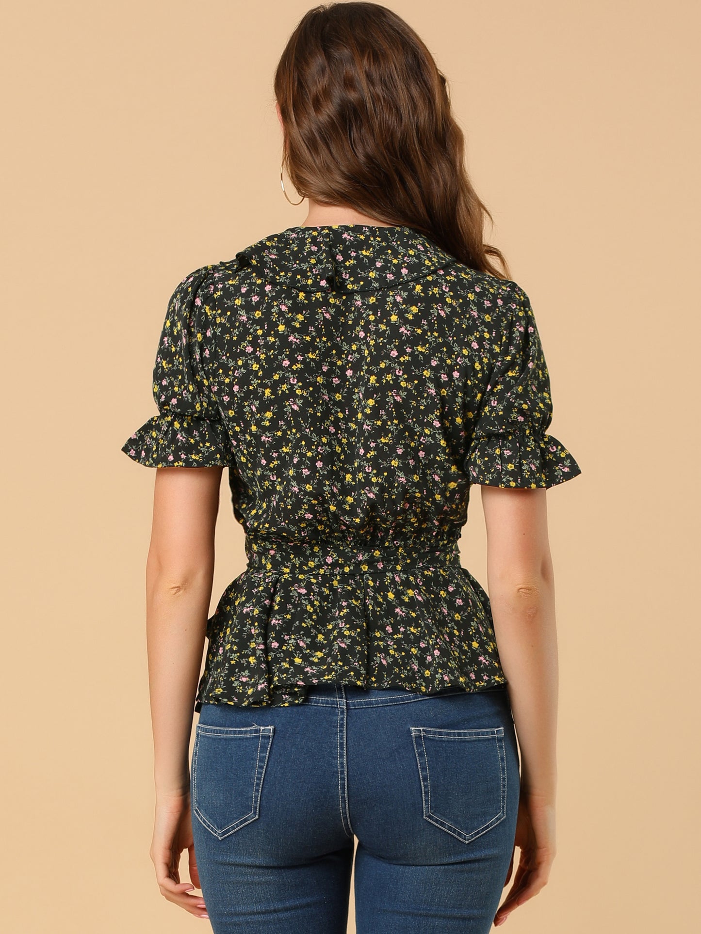 Women's Peplum Top Crossover V Neck Ruffle Wrap Blouse