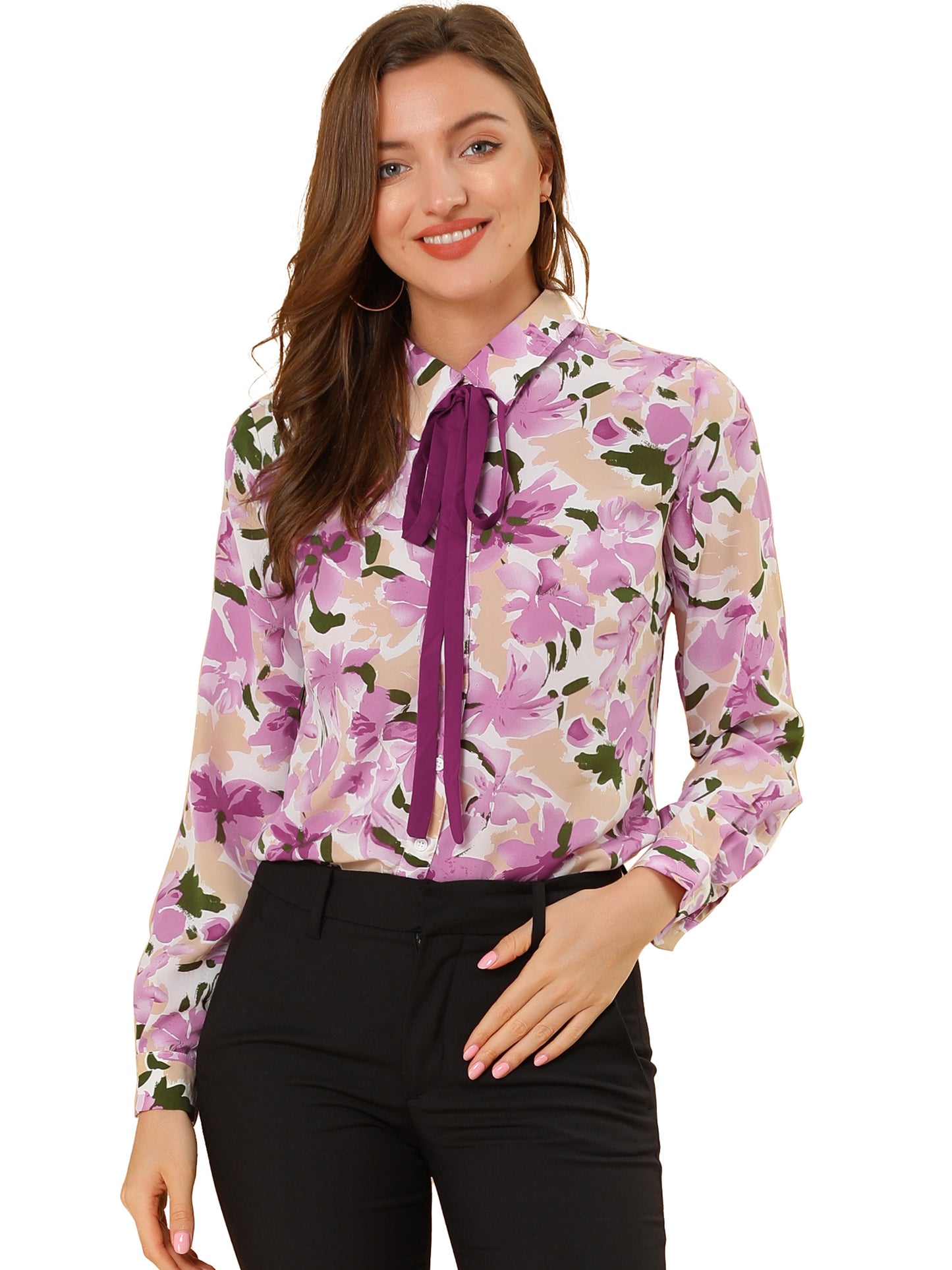 Women's Tie Neck Abstract Floral Print Long Sleeve Point Collar Shirt