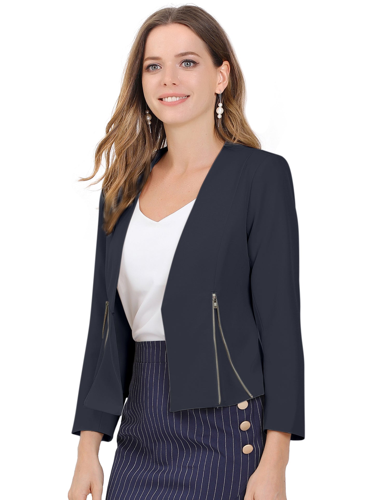 Women's Work Office Open Front Zipper Collarless Cropped Blazer