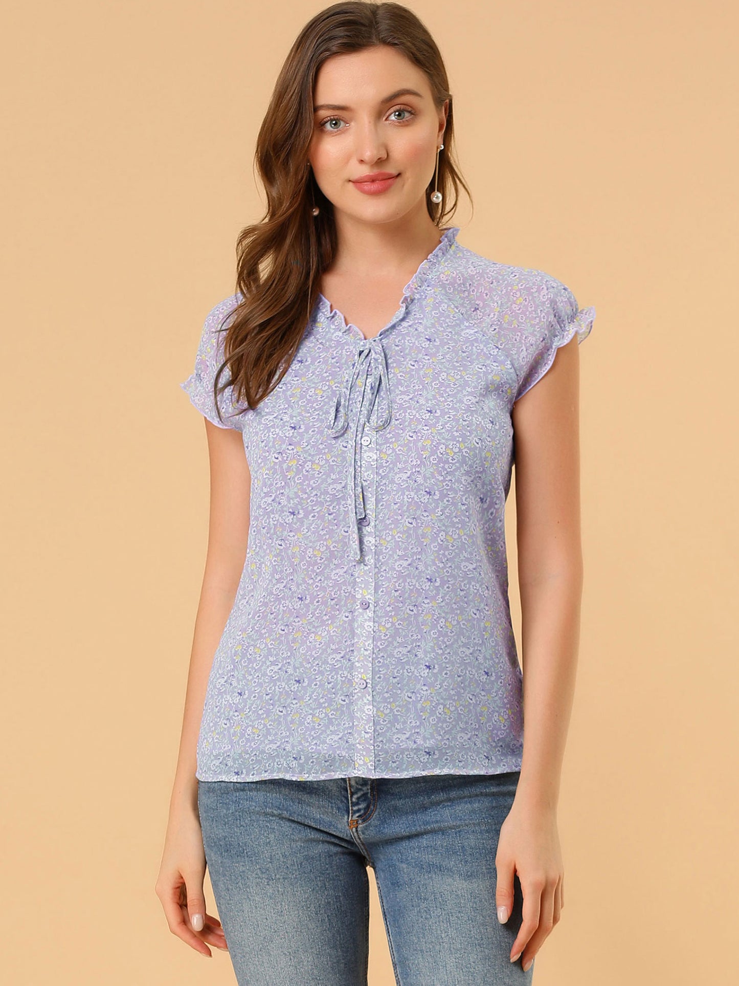 Blusa de gasa con volantes, mangas cortas y escote en V, floral, para mujer (disponible en tallas grandes)