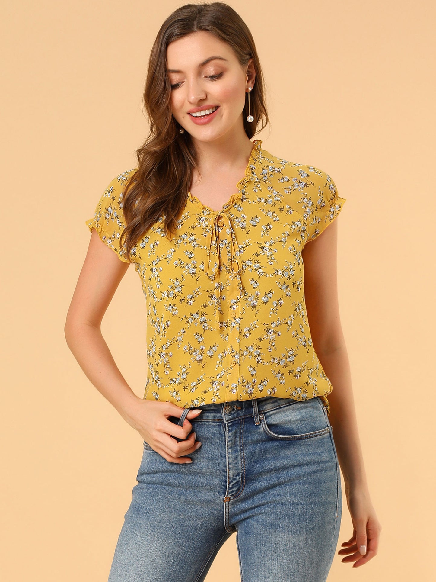 Women's Floral Summer V Neck Short Cap Sleeve Ruffle Chiffon Blouse