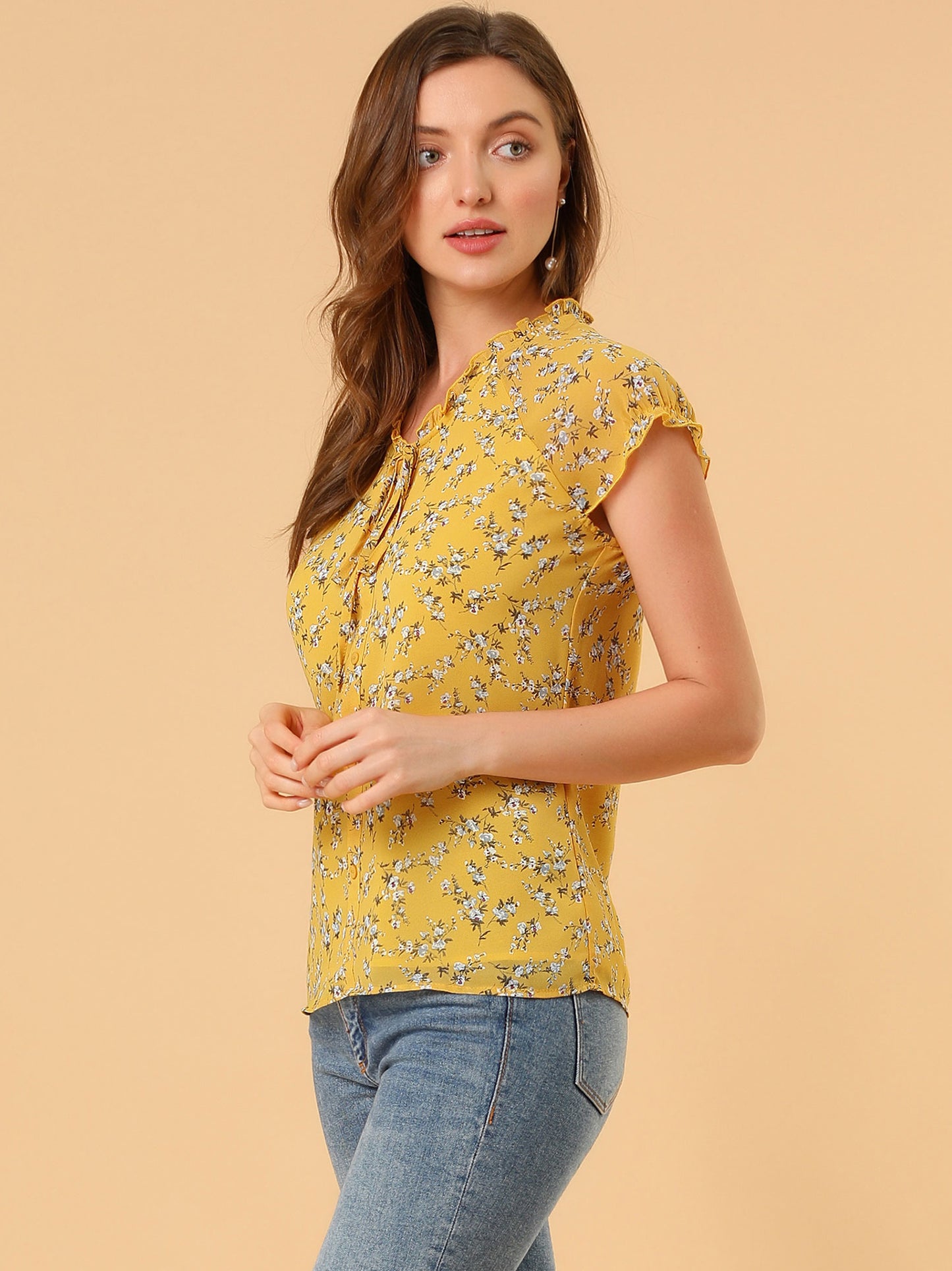 Women's Floral Summer V Neck Short Cap Sleeve Ruffle Chiffon Blouse