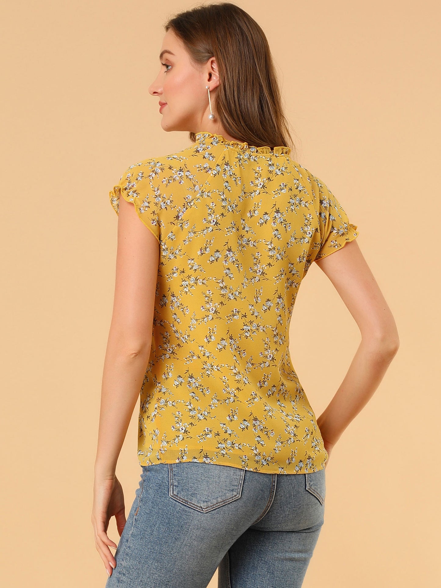 Women's Floral Summer V Neck Short Cap Sleeve Ruffle Chiffon Blouse