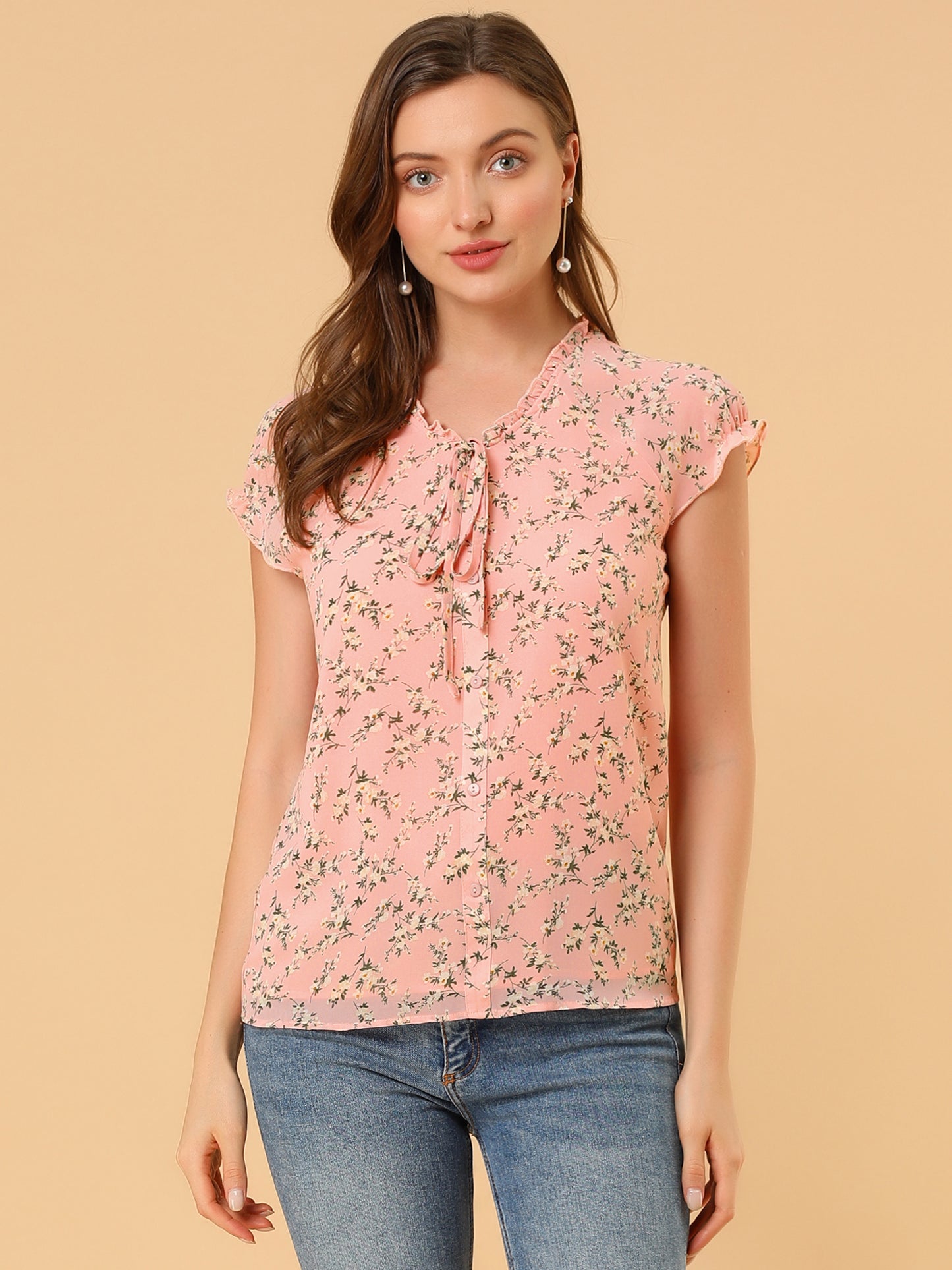 Blusa de gasa con volantes, mangas cortas y cuello en V con estampado floral de verano para mujer