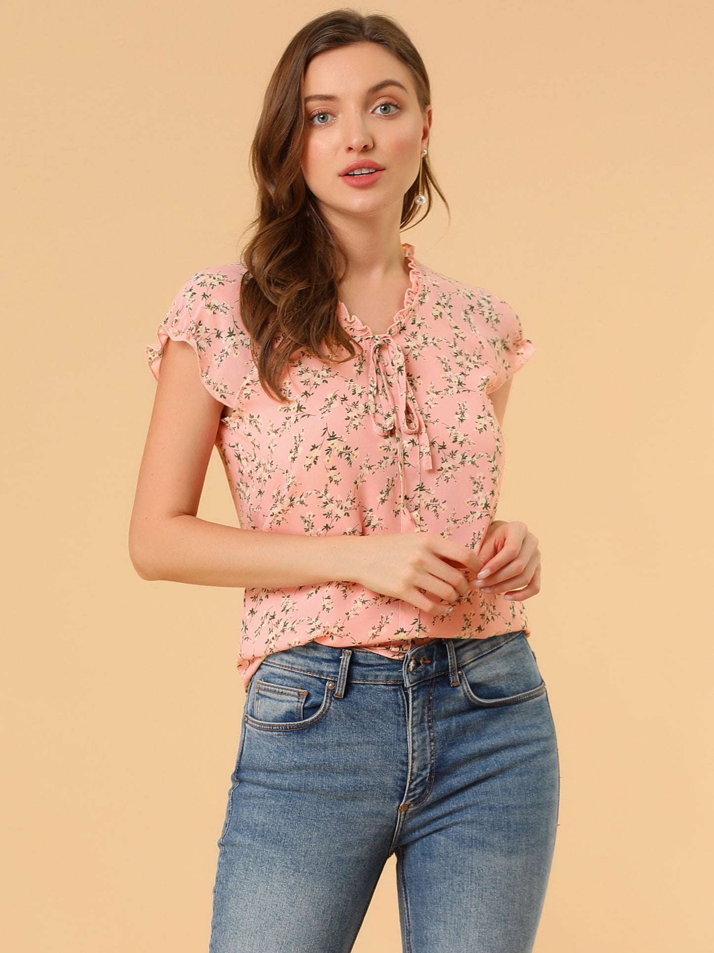 Blusa de gasa con volantes, mangas cortas y cuello en V con estampado floral de verano para mujer