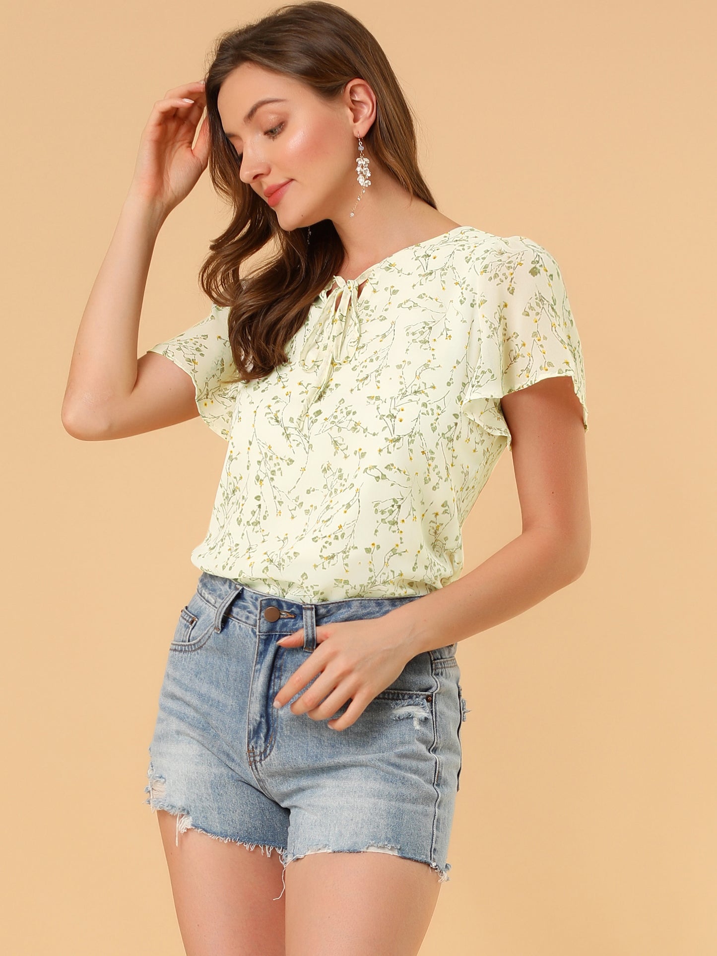 Women's Tie V Neck Flutter Sleeves Elegant Top Floral Blouse