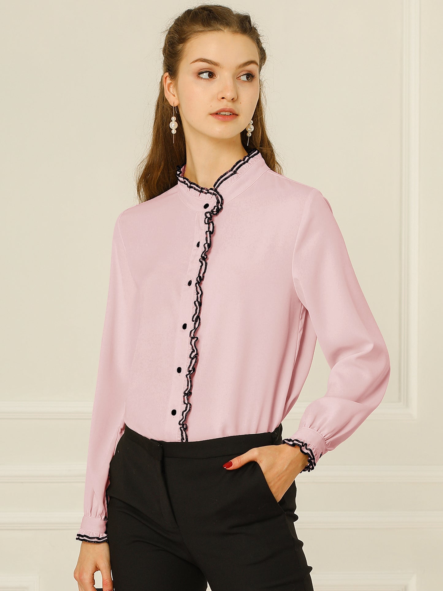 Women's Button Down Shirt Ruffled Stand Collar Chiffon Top