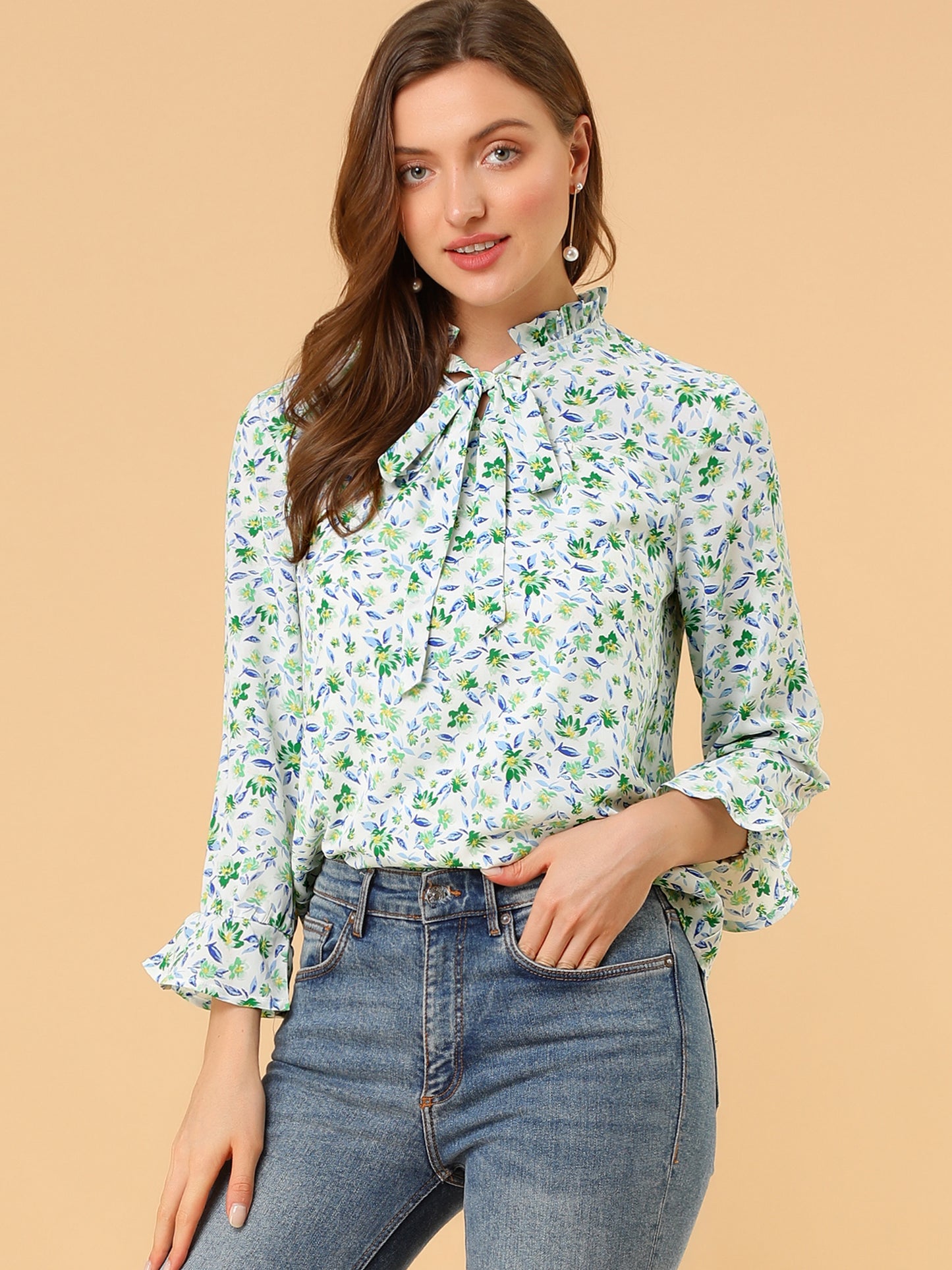 Blusa de gasa con estampado floral, cuello con volantes, mangas 3/4 y lazo para mujer