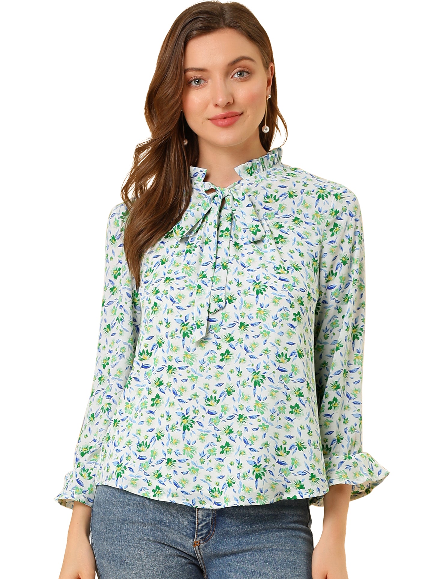 Blusa de gasa con estampado floral, cuello con volantes, mangas 3/4 y lazo para mujer