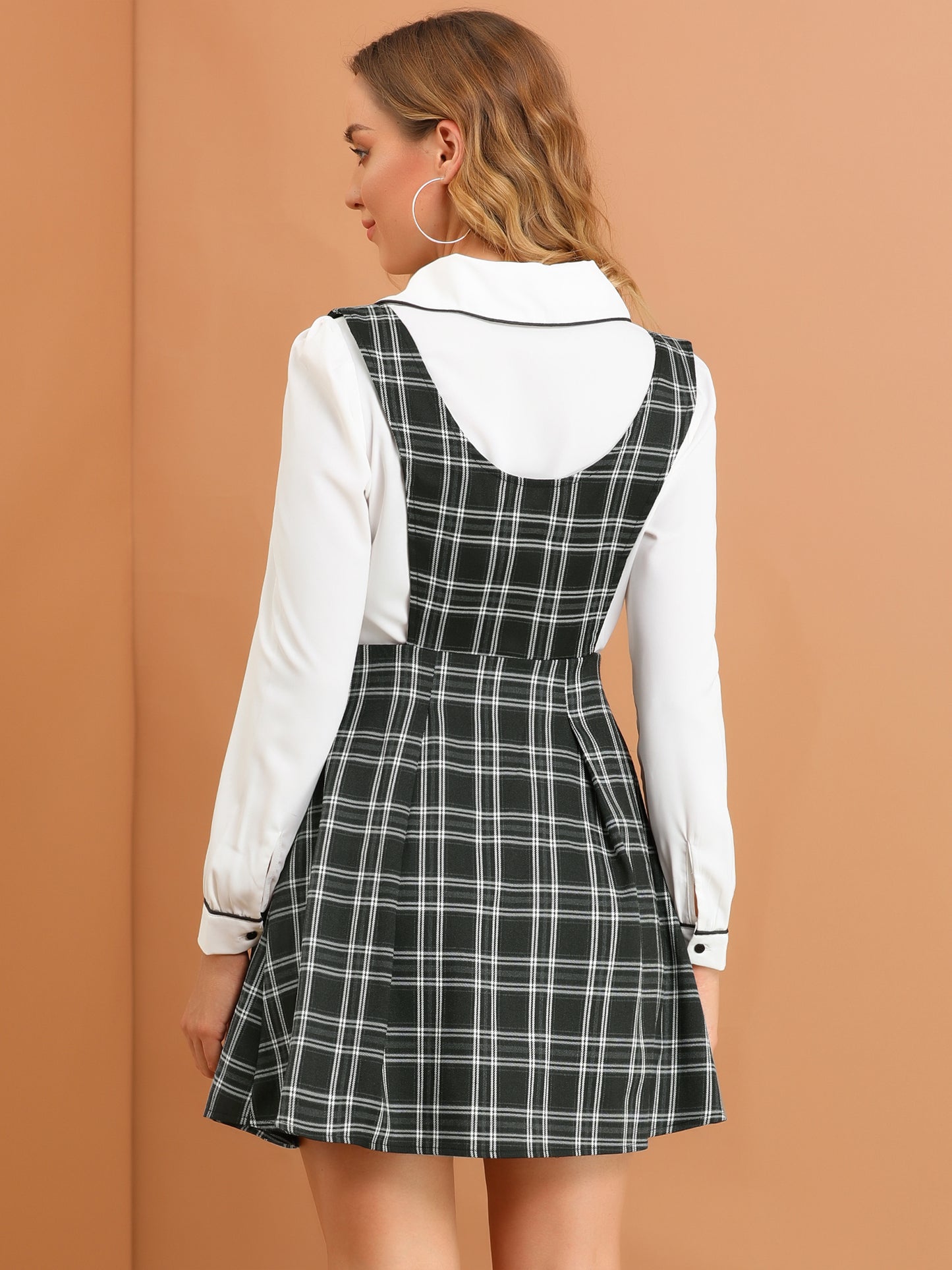 Women's Plaid Overalls V Neck A-line Button Front Pleated Pinafore Suspender Skirt