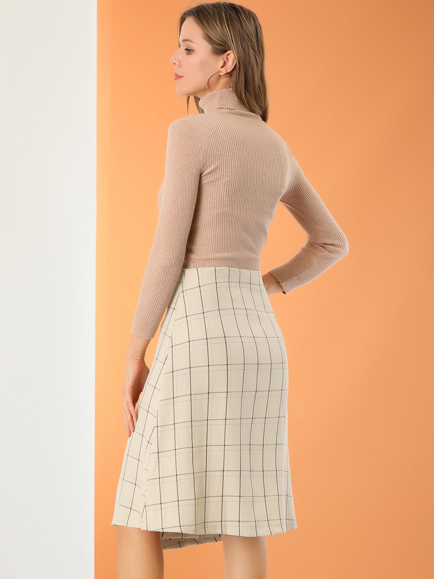 Falda de oficina con botones a cuadros y corte A hasta la rodilla para mujer