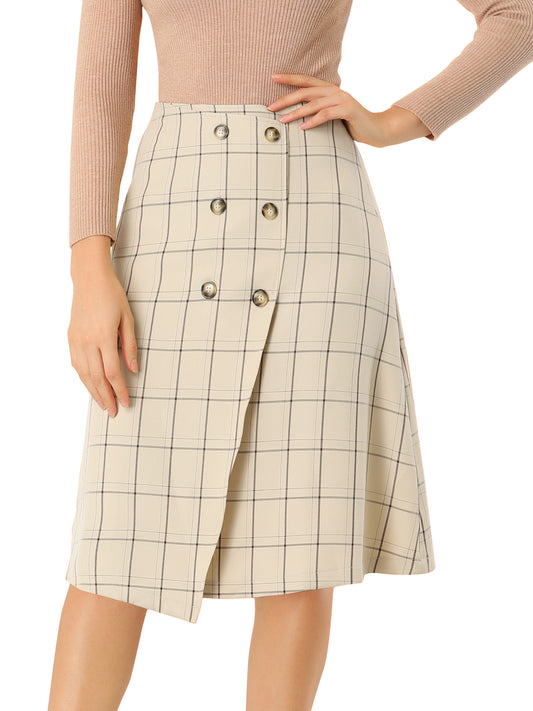Women's Work Office Grid Plaid Buttons Knee Length A-line High Waist Skirt