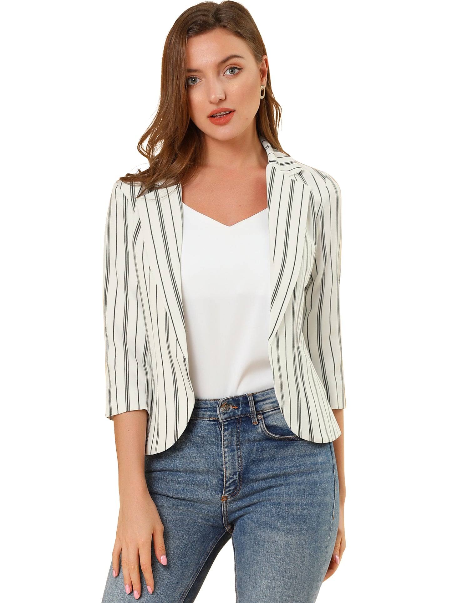 Women's Striped Open Front 3/4 Sleeves Notched Lapel Business Casual Blazer (Available in Plus Size)