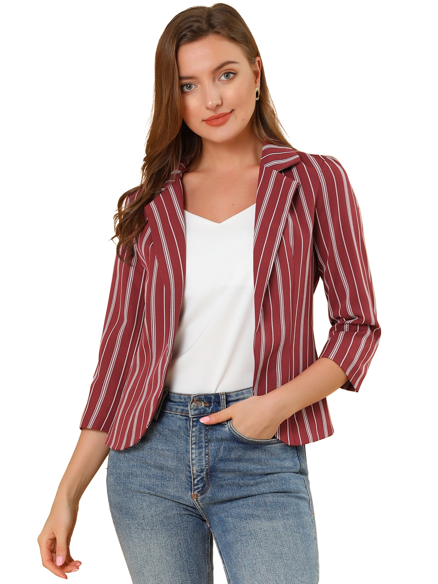 Women's Striped Open Front 3/4 Sleeves Notched Lapel Business Casual Blazer (Available in Plus Size)