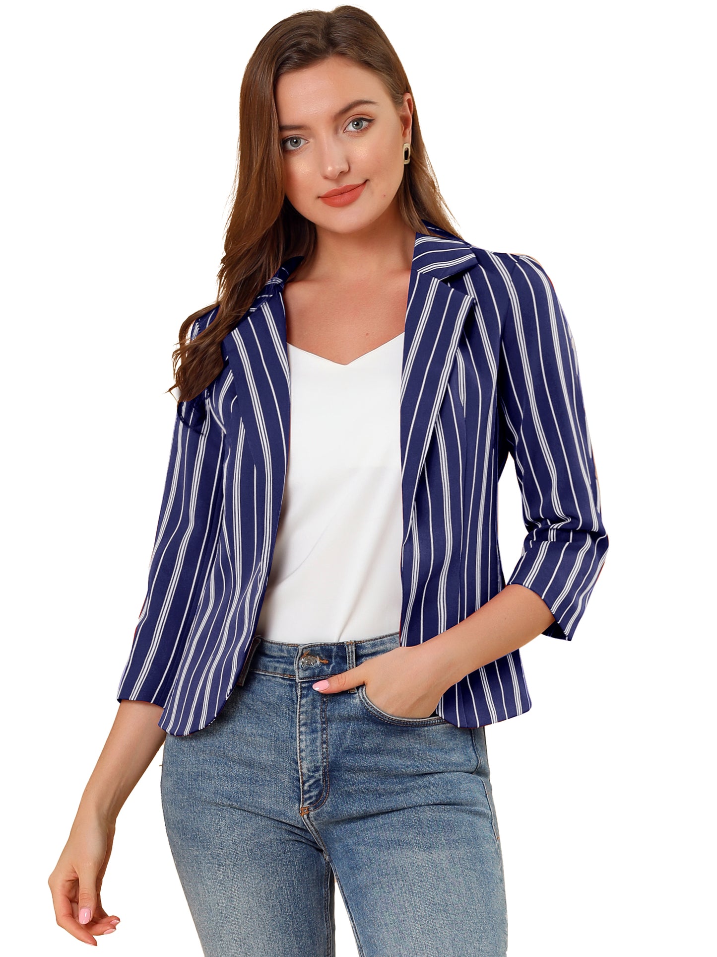 Women's Striped Open Front 3/4 Sleeves Notched Lapel Business Casual Blazer (Available in Plus Size)