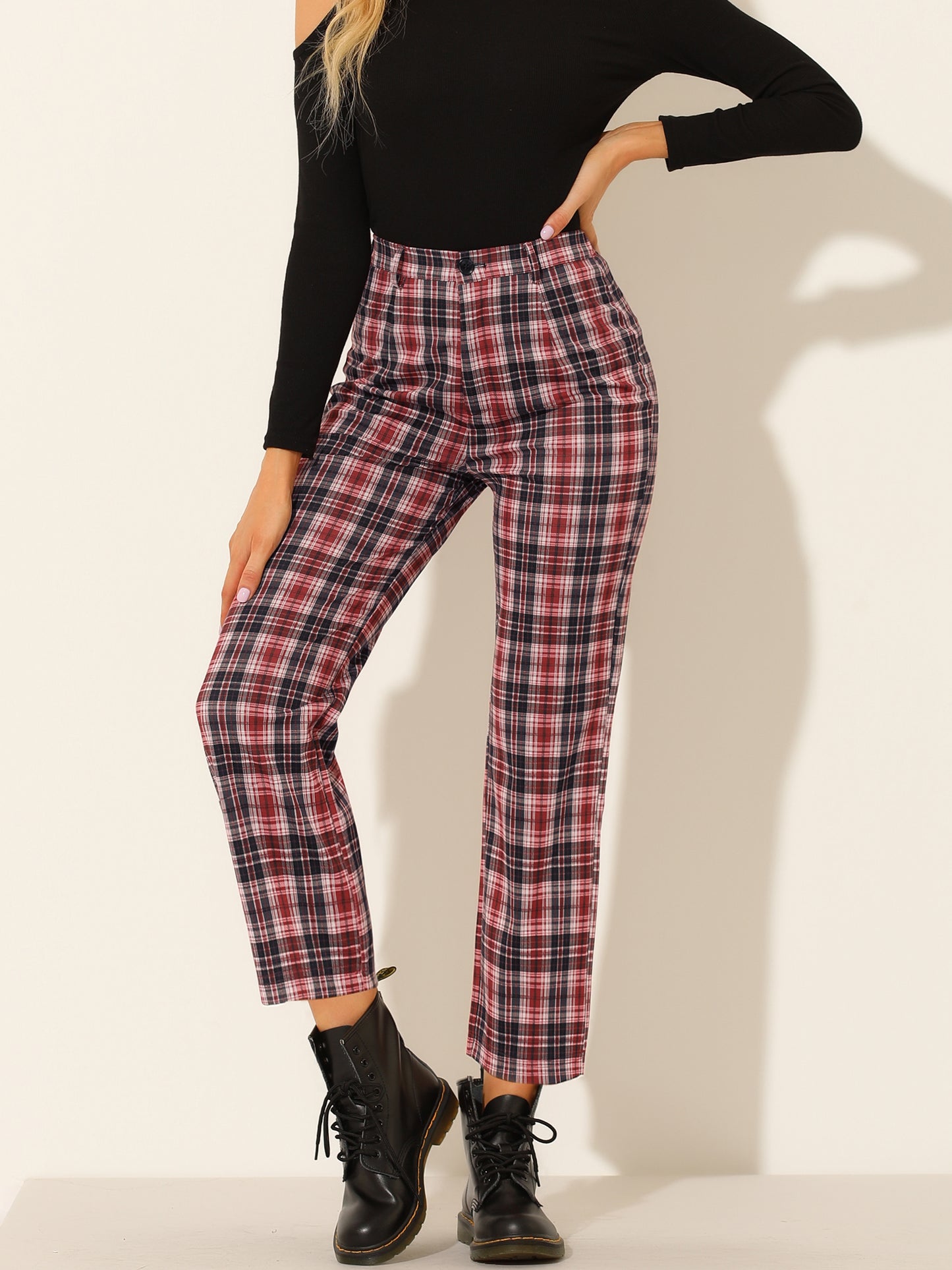 Women's Plaid Cropped Trousers Button Casual Tartan Check Work Pants