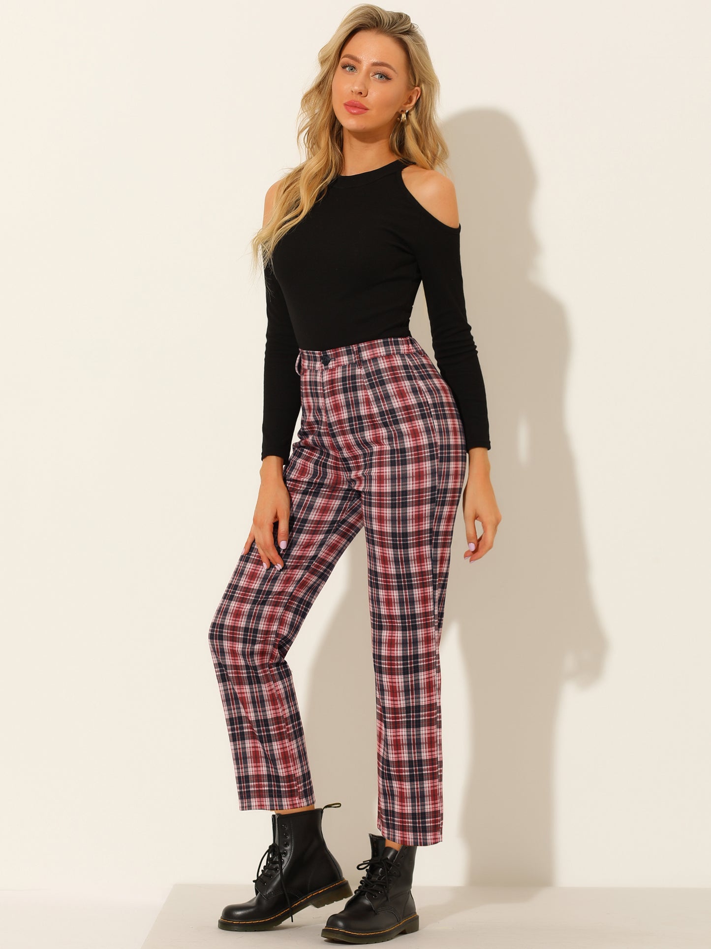 Women's Plaid Cropped Trousers Button Casual Tartan Check Work Pants