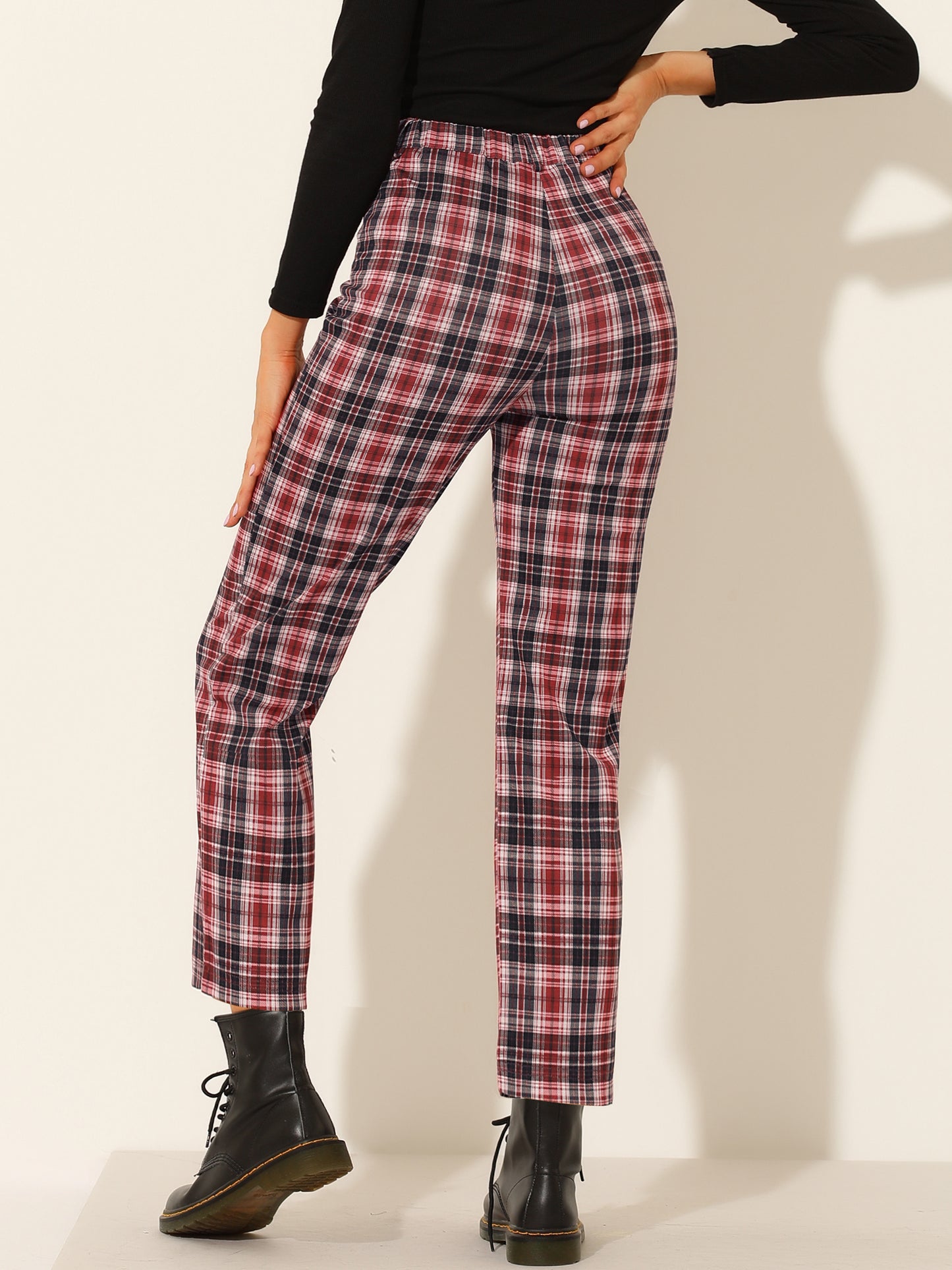 Women's Plaid Cropped Trousers Button Casual Tartan Check Work Pants