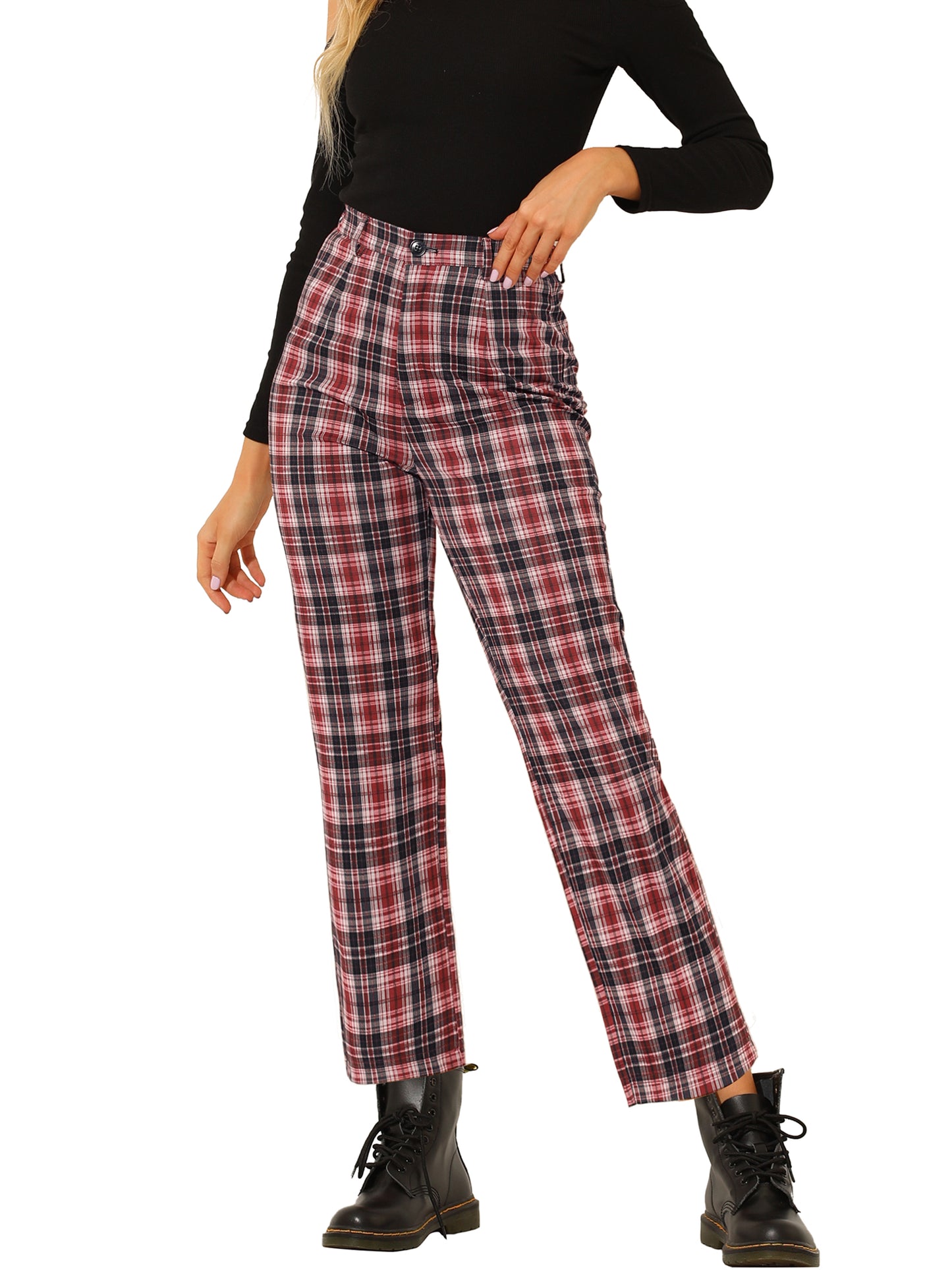 Women's Plaid Cropped Trousers Button Casual Tartan Check Work Pants