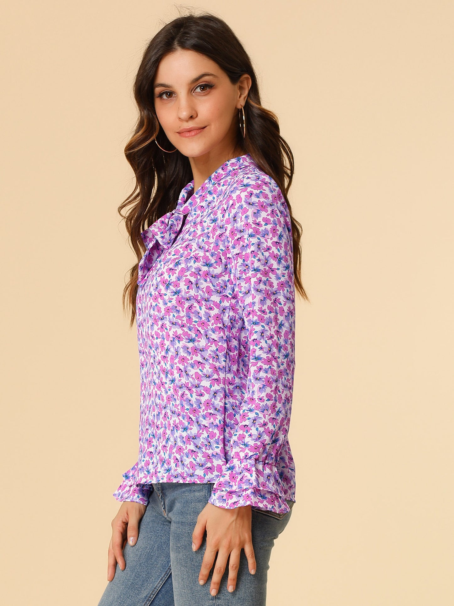 Women's Long Sleeve Blouse Floral Tie Neck Chiffon Ruffle Top