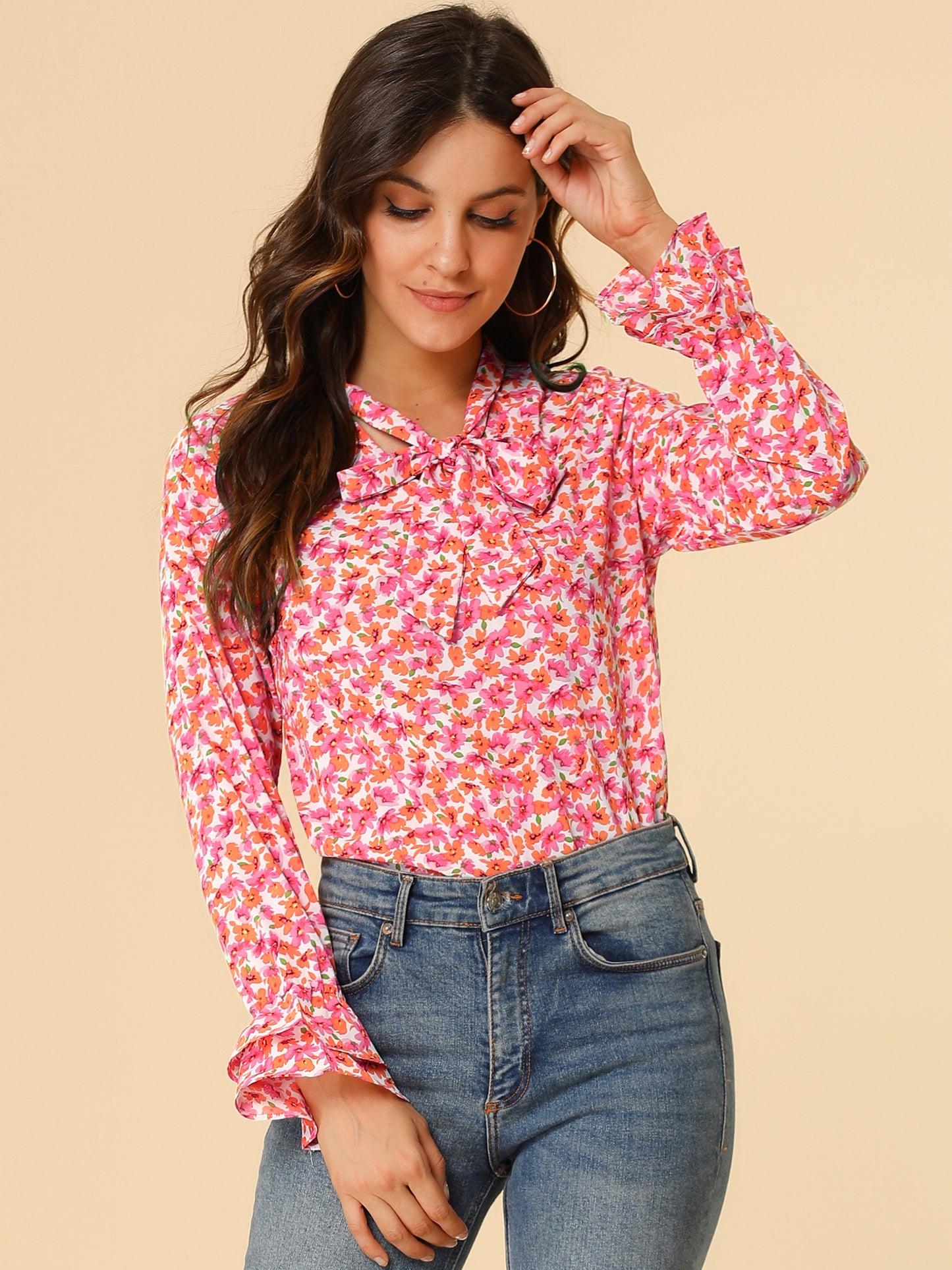 Blusa de gasa con volantes y cuello con lazo floral de manga larga para mujer