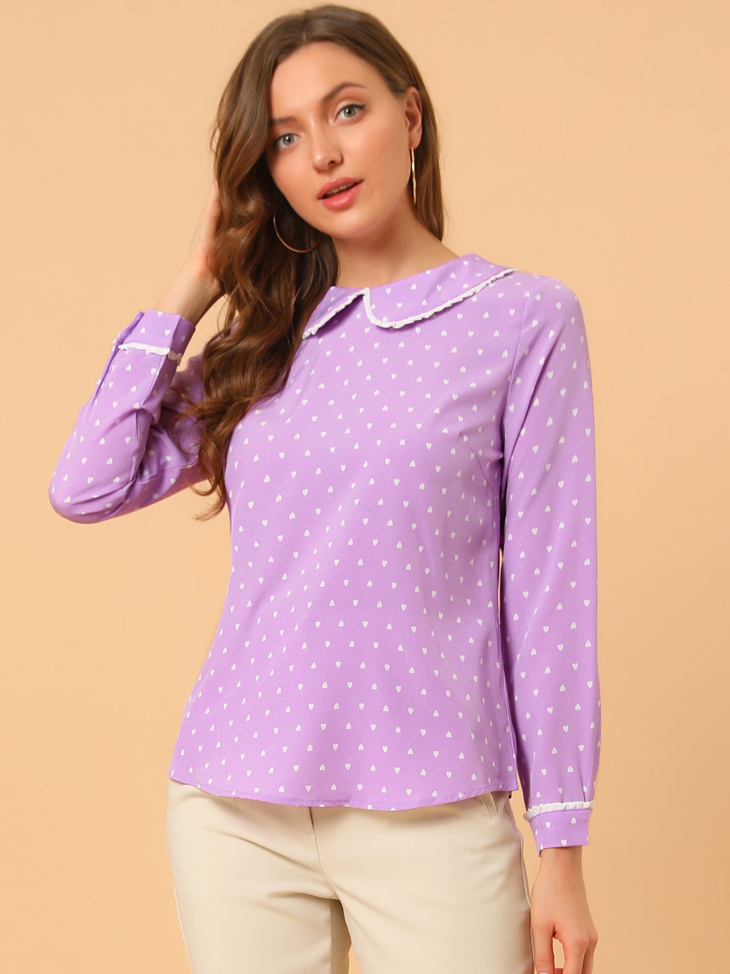 Women's Peter Pan Collar Blouse Long Sleeve Sweet Cute Printed Top