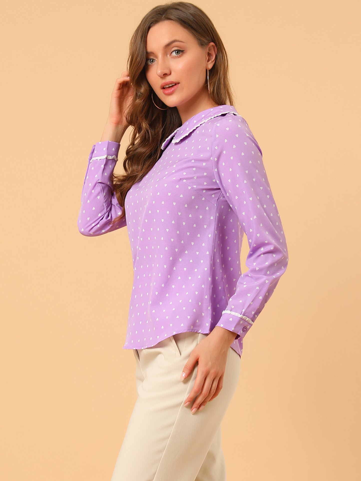 Women's Peter Pan Collar Blouse Long Sleeve Sweet Cute Printed Top