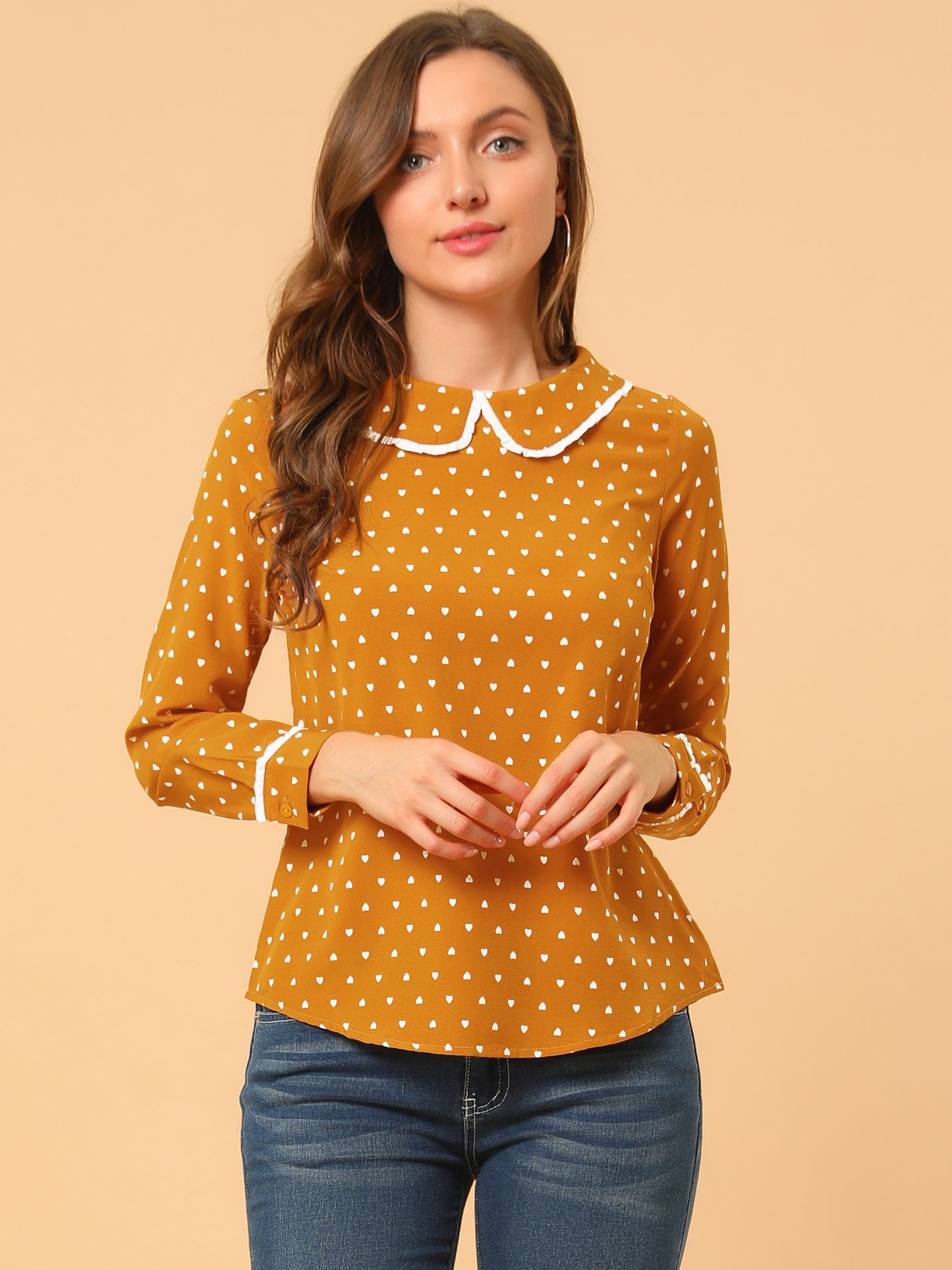 Women's Peter Pan Collar Blouse Long Sleeve Sweet Cute Printed Top