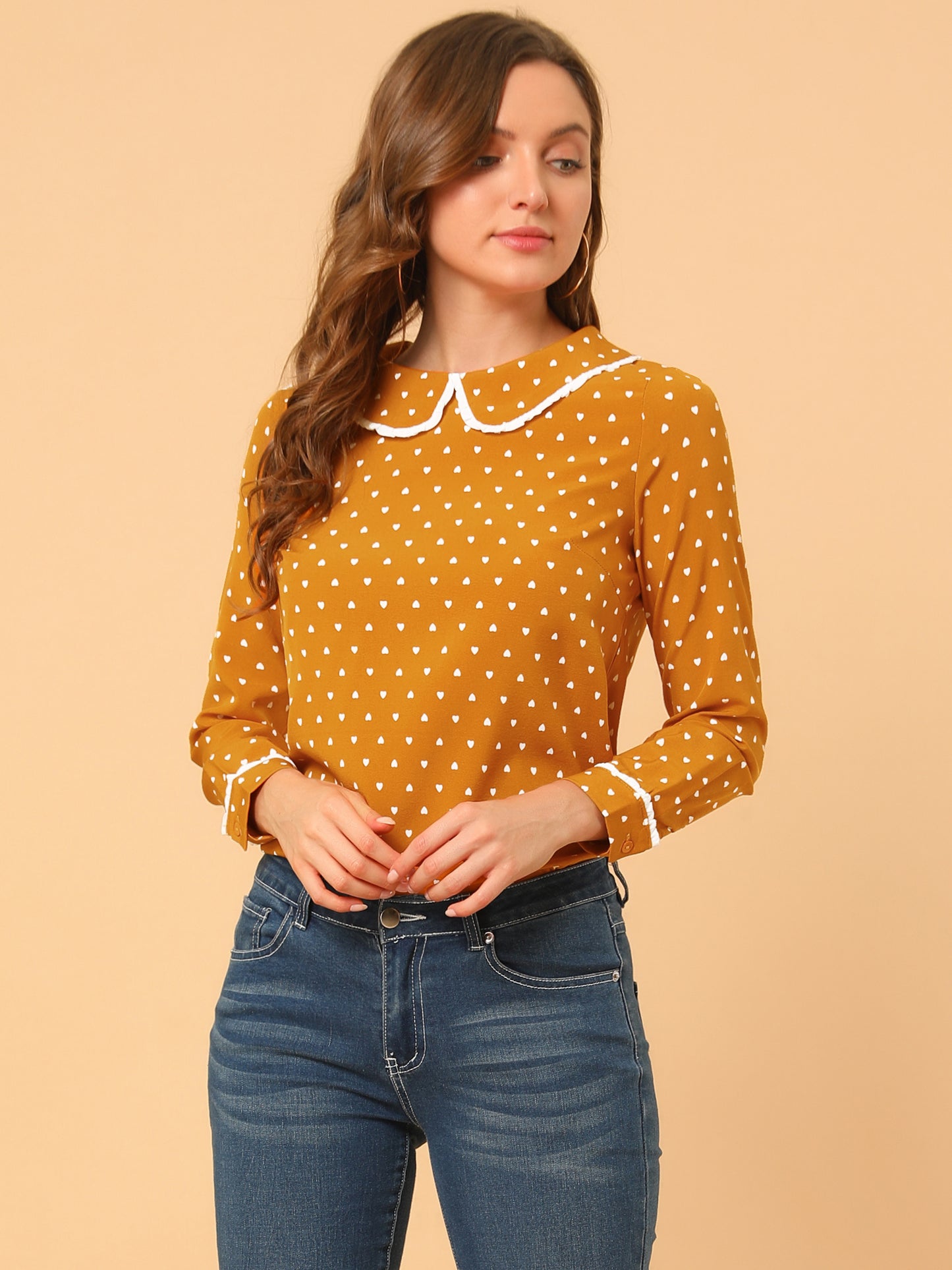 Women's Peter Pan Collar Blouse Long Sleeve Sweet Cute Printed Top