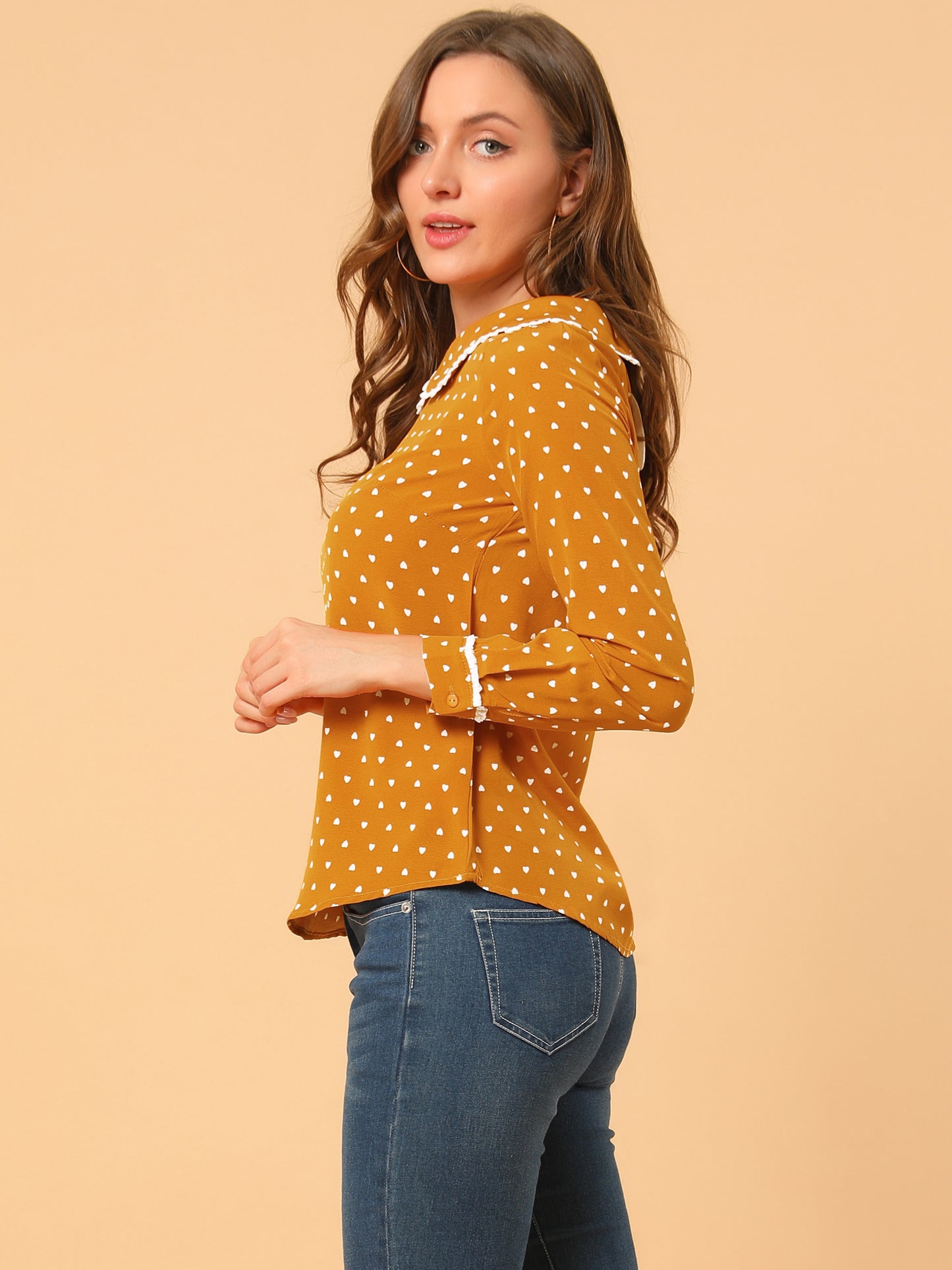 Women's Peter Pan Collar Blouse Long Sleeve Sweet Cute Printed Top