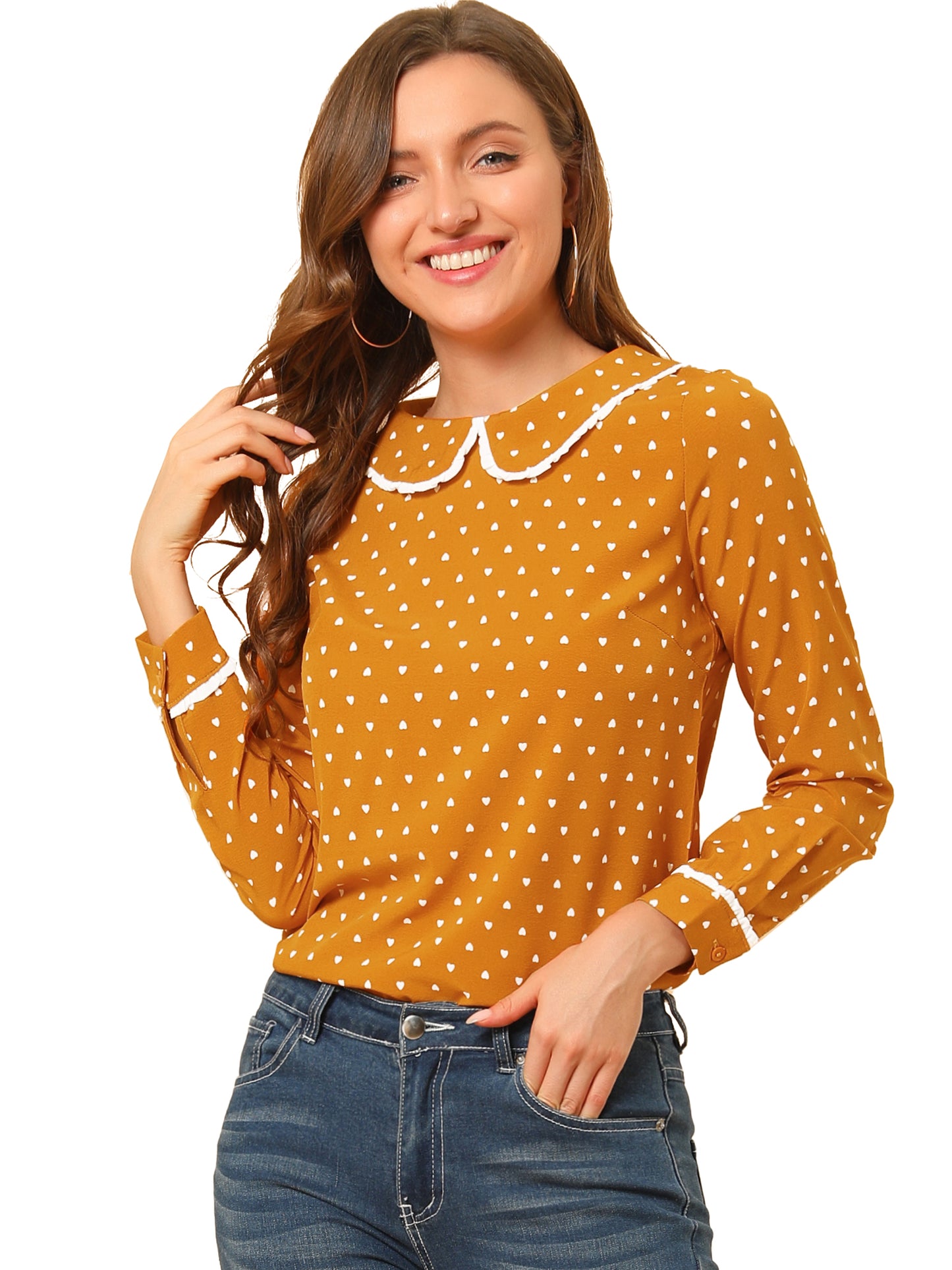 Women's Peter Pan Collar Blouse Long Sleeve Sweet Cute Printed Top