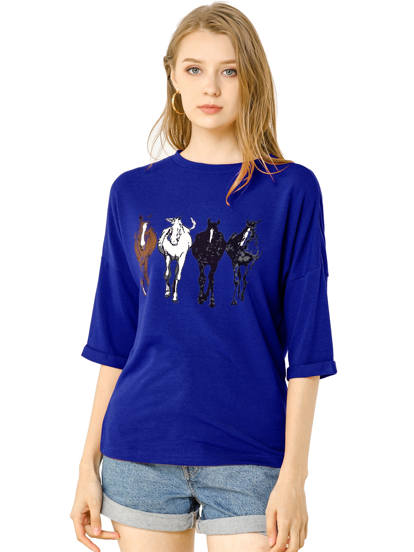 Women's Drop Shoulder 3/4 Sleeves Horse Print Loose Top