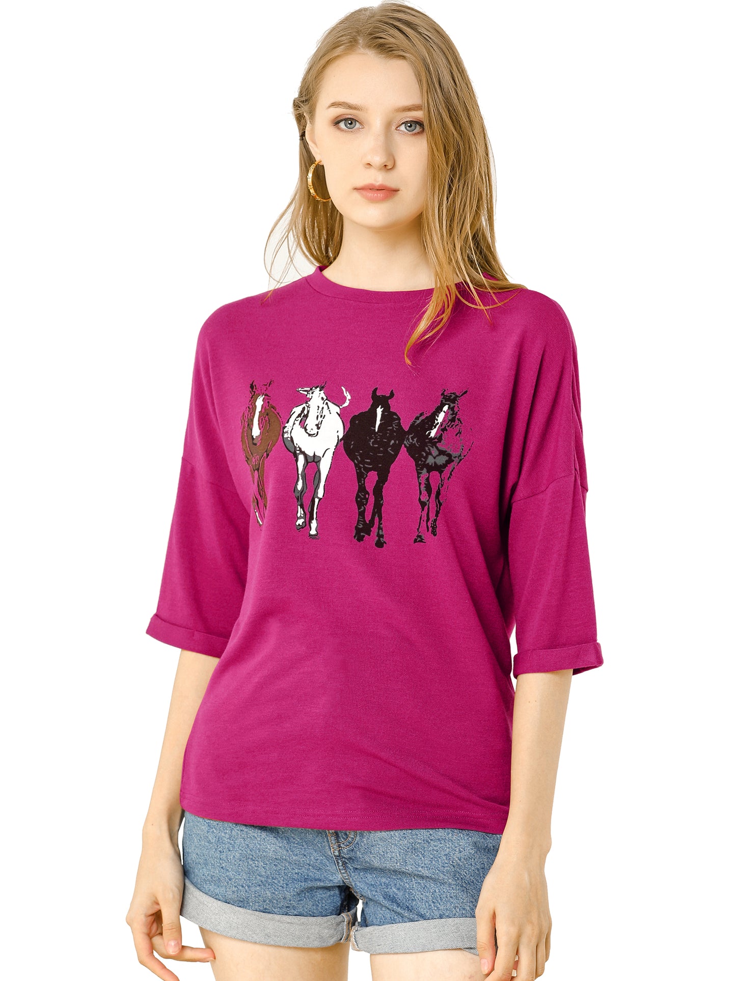 Women's Drop Shoulder 3/4 Sleeves Horse Print Loose Top