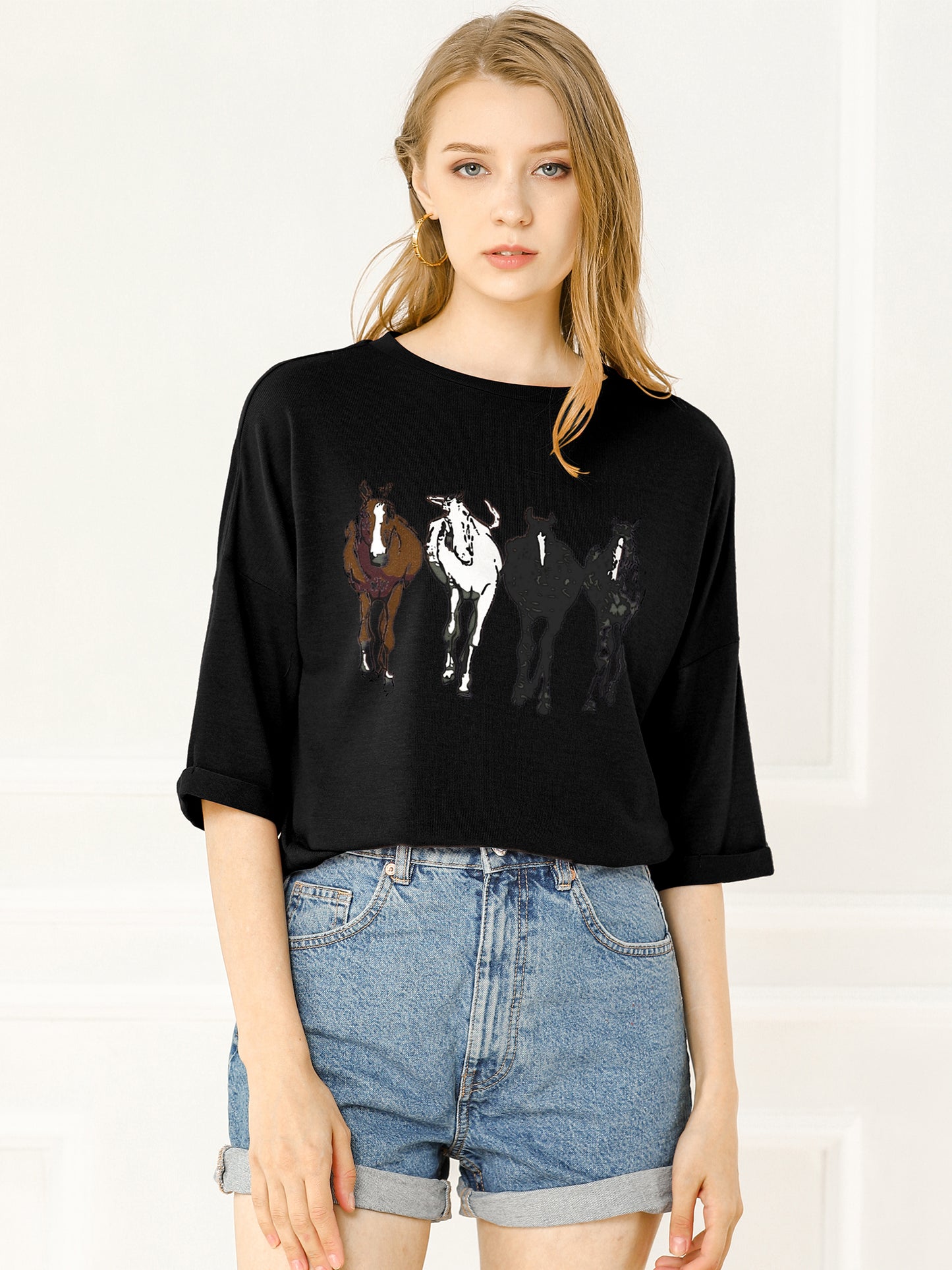 Women's Drop Shoulder 3/4 Sleeves Horse Print Loose Top