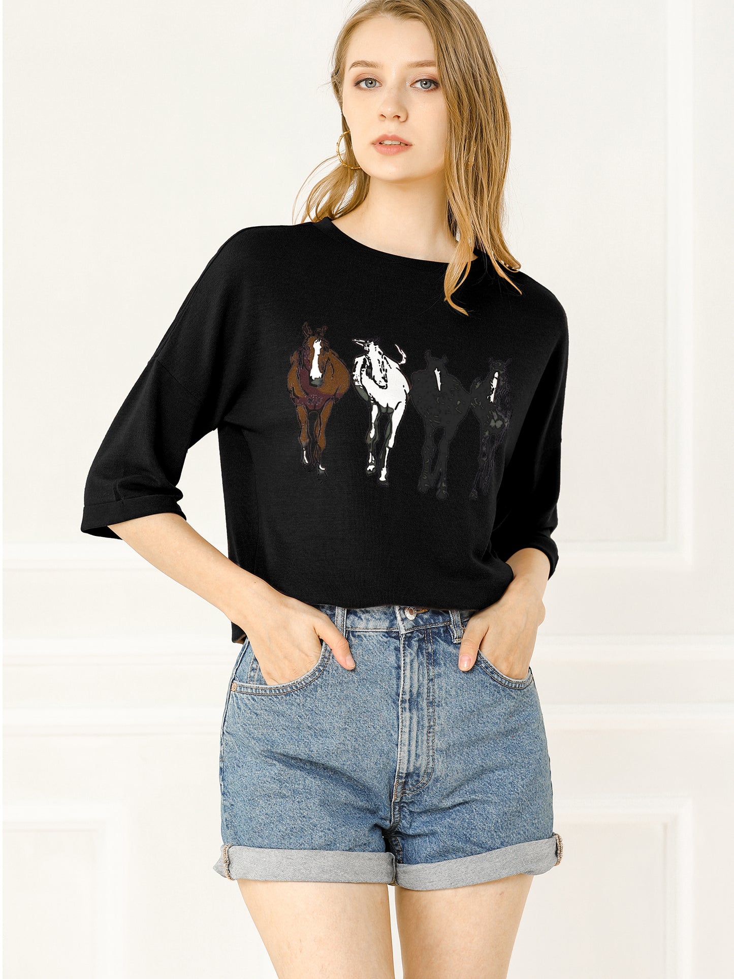 Women's Drop Shoulder 3/4 Sleeves Horse Print Loose Top