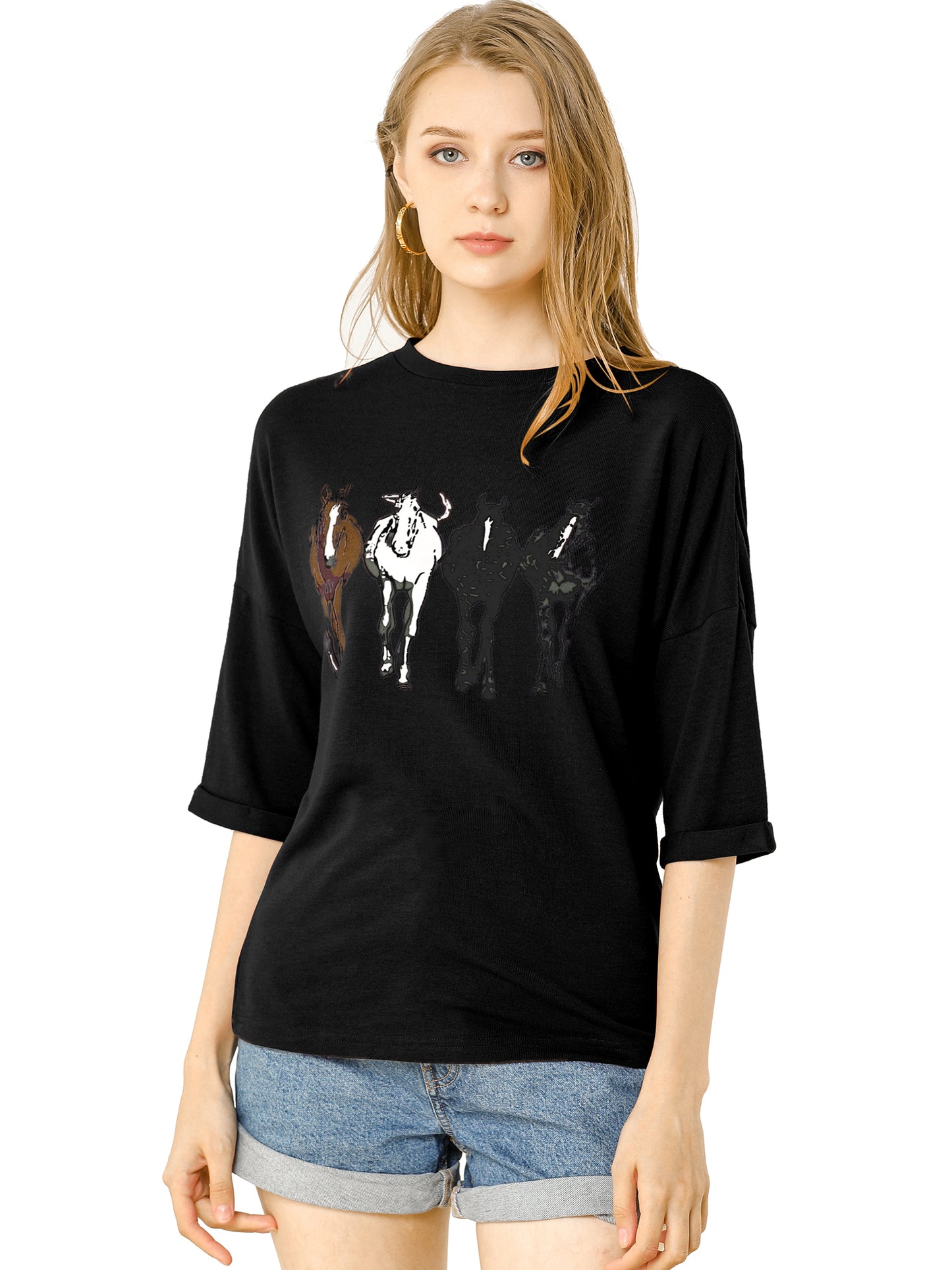Women's Drop Shoulder 3/4 Sleeves Horse Print Loose Top
