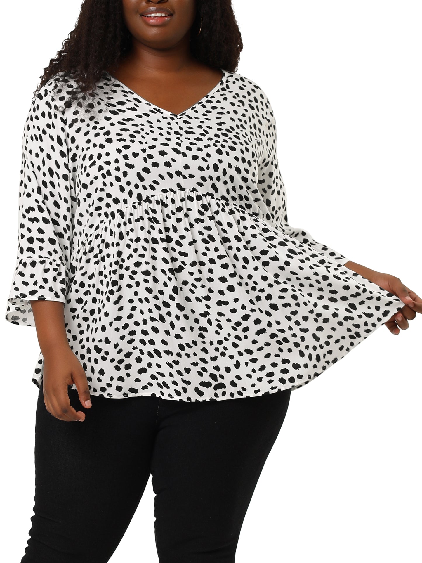 Women Plus Size Polka Dots Blouses V Neck 3/4 Ruffle Sleeve Peplum Top