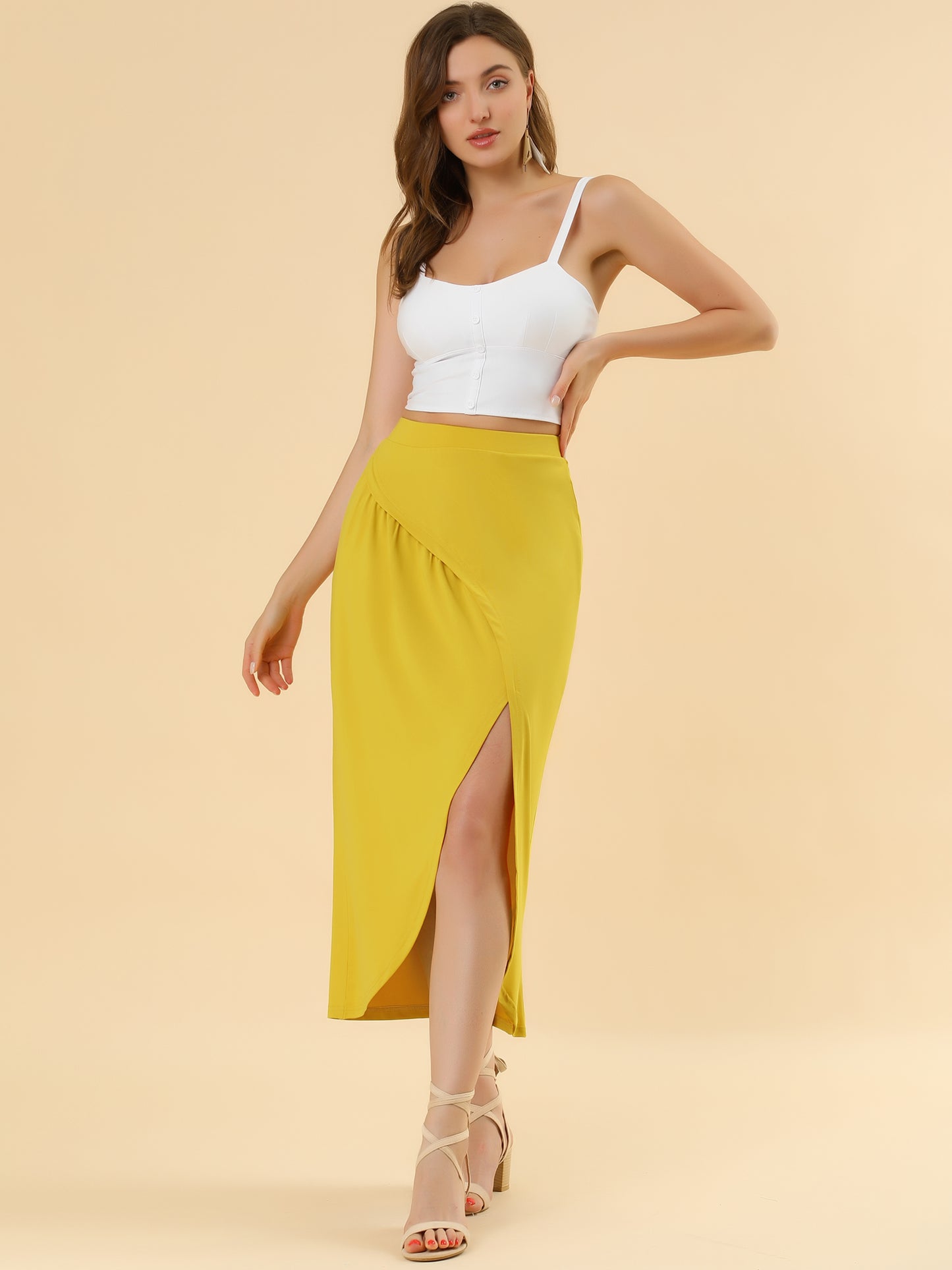 Women's Ruched Split High Waist Summer Long Maxi Skirt