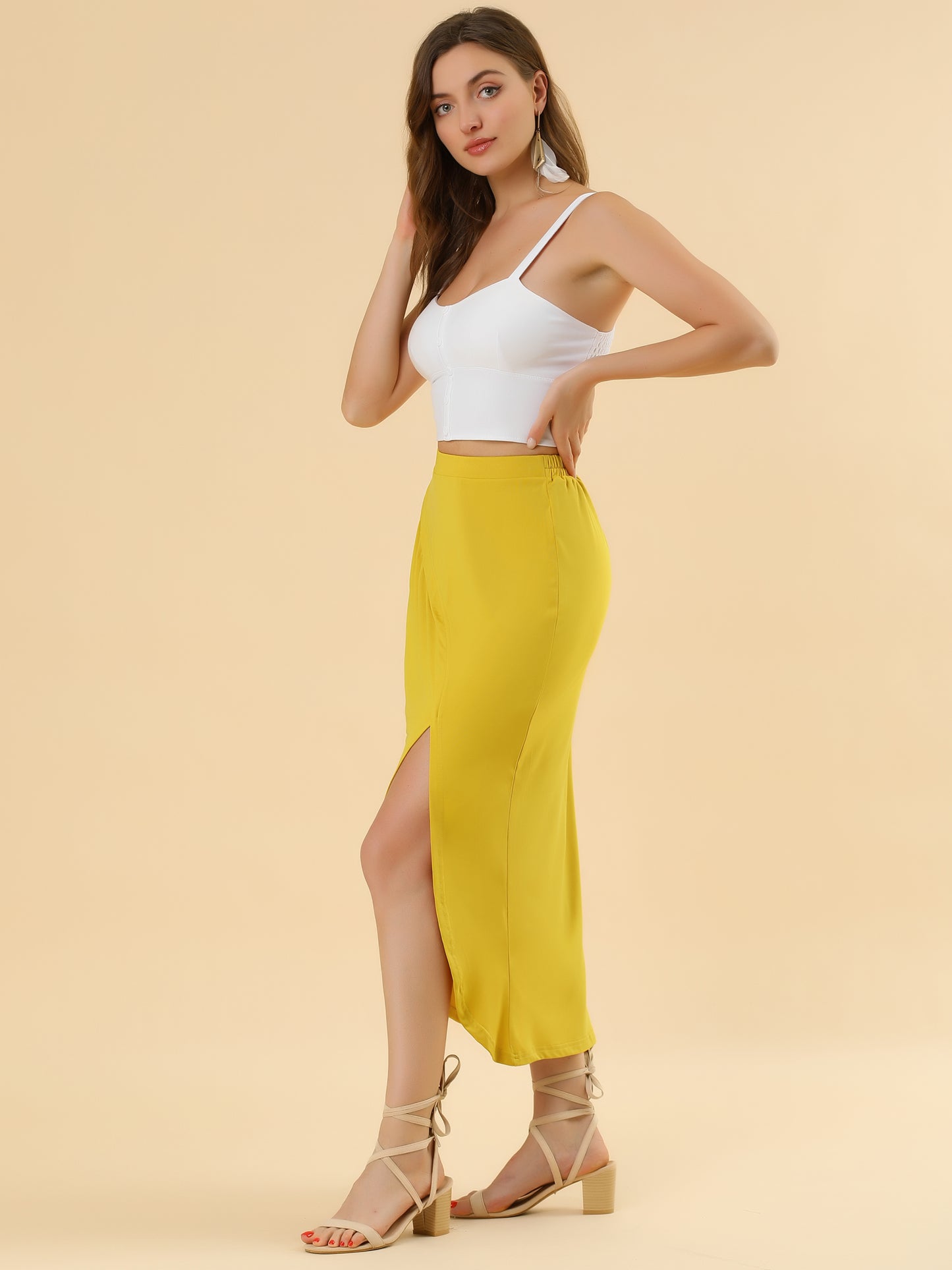 Women's Ruched Split High Waist Summer Long Maxi Skirt