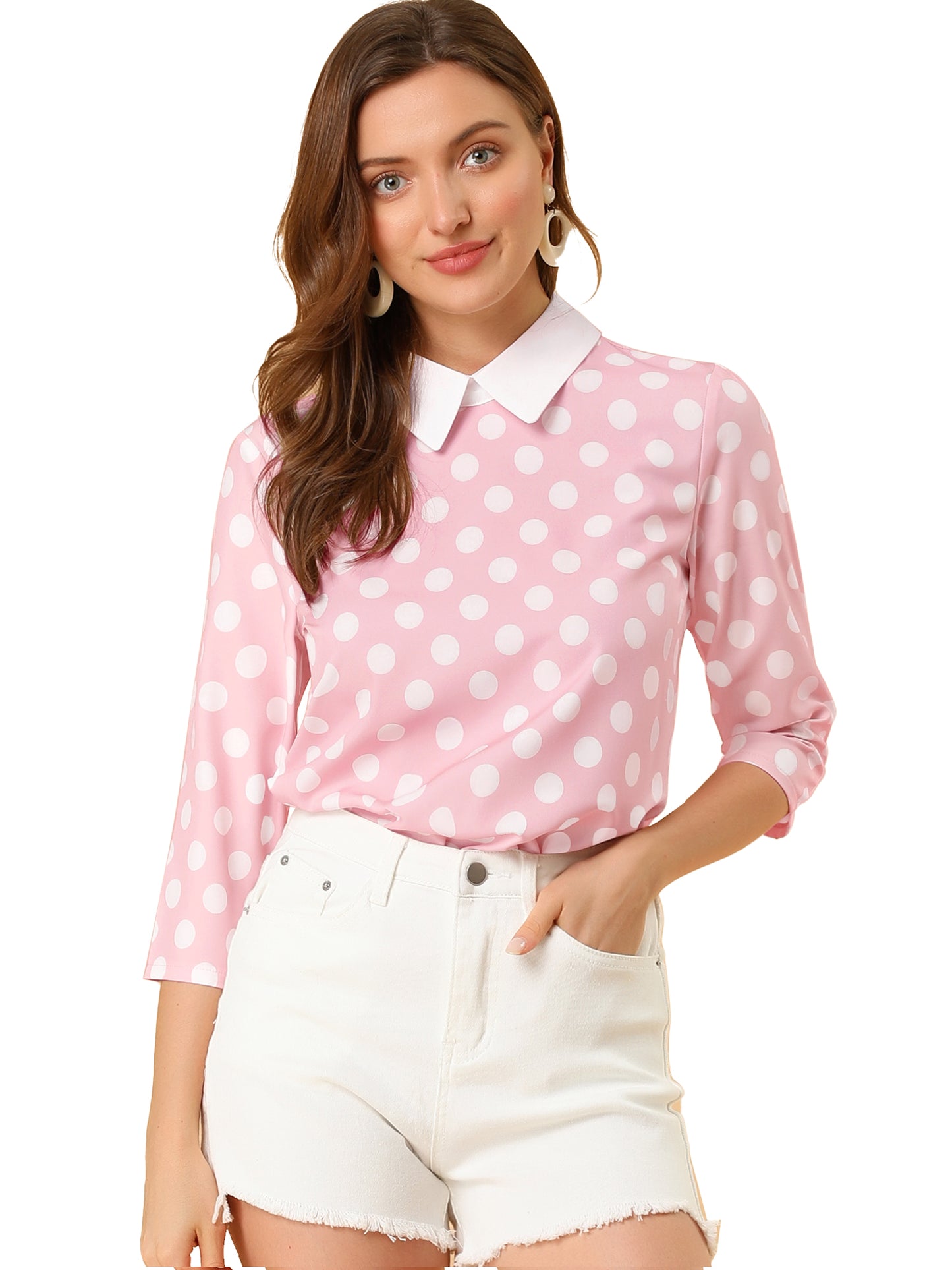 Women's Polka Dots Contrast Peter Pan Collar Top 3/4 Sleeves Blouse Shirt