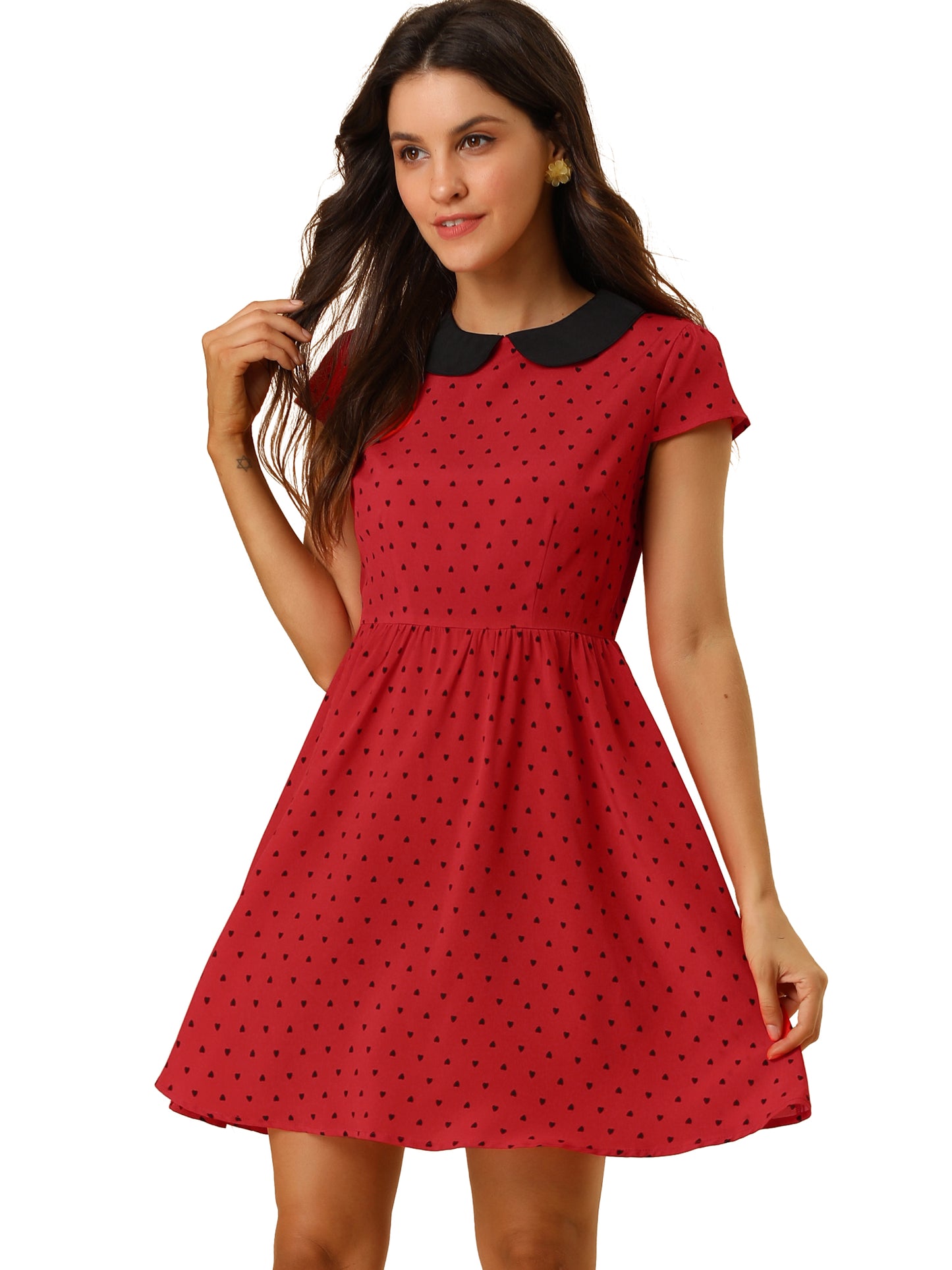 Women's Peter Pan Collar Short Sleeves Contrast A-Line Polka Dots Dress