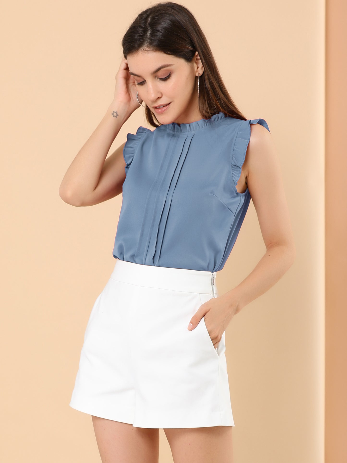 Women's Business Casual Sleeveless Ruffle Blouse Top (Available in Plus Size)