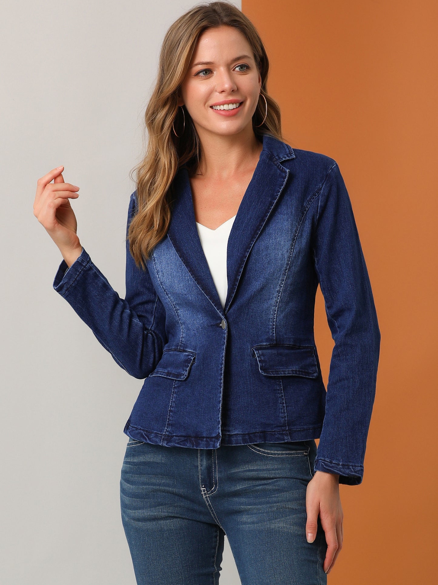Women's Notched Lapel One Button Long Sleeve Washed Denim Blazer (Available in Plus Size)