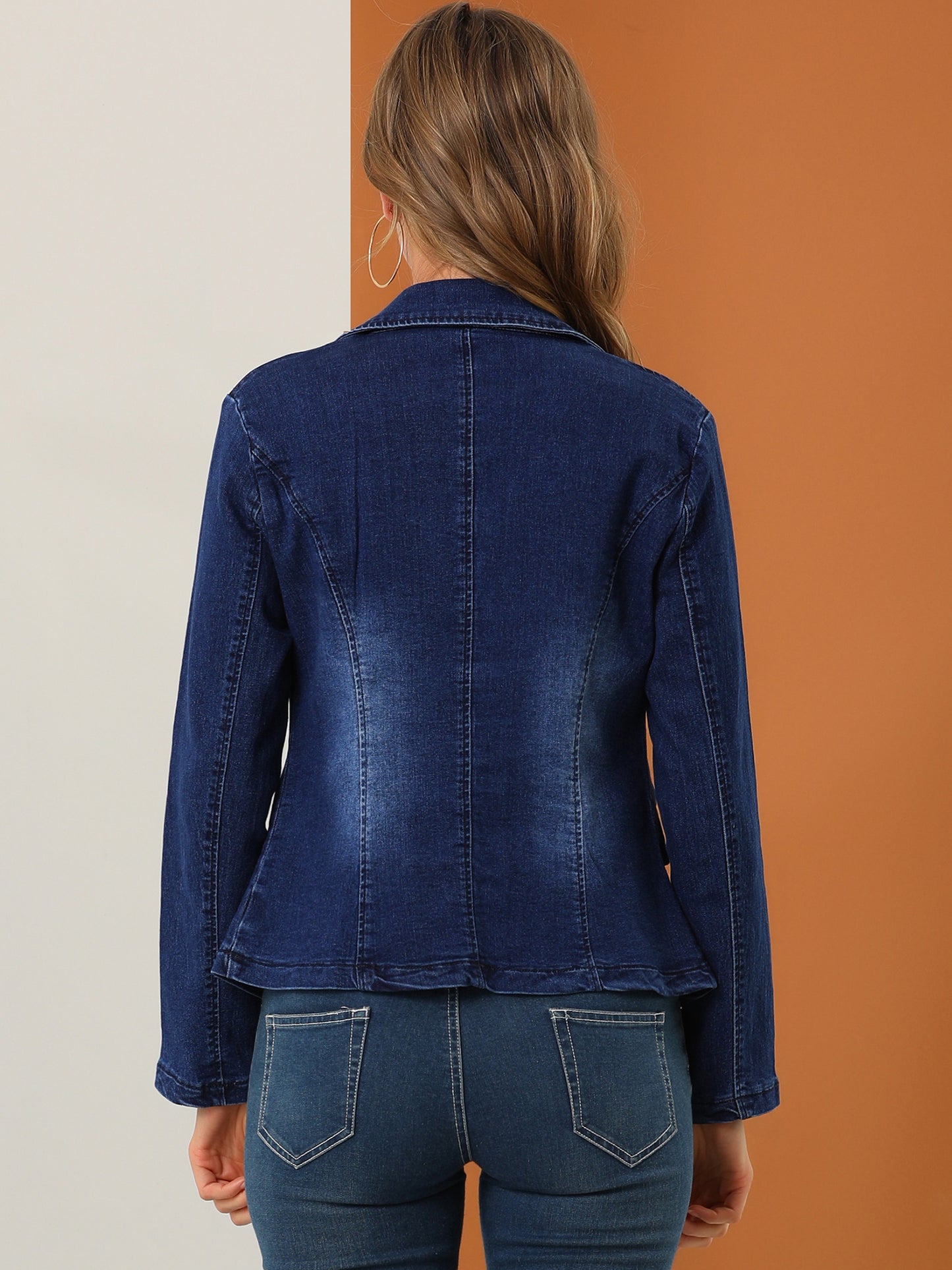 Women's Notched Lapel One Button Long Sleeve Washed Denim Blazer (Available in Plus Size)