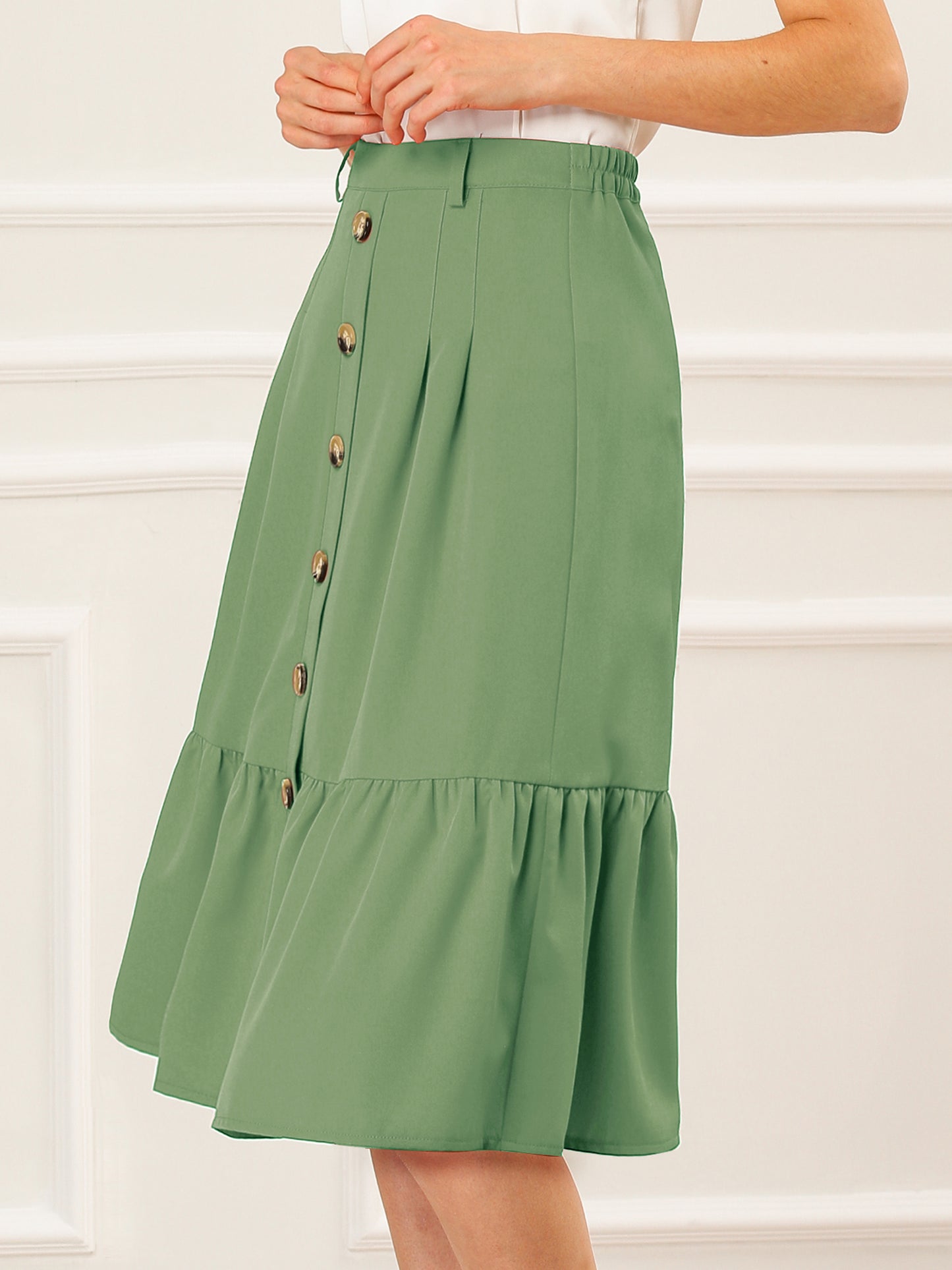 Women's Retro Button Front Tie Waist Flowy A-Line Chiffon Ruffle Midi Skirt